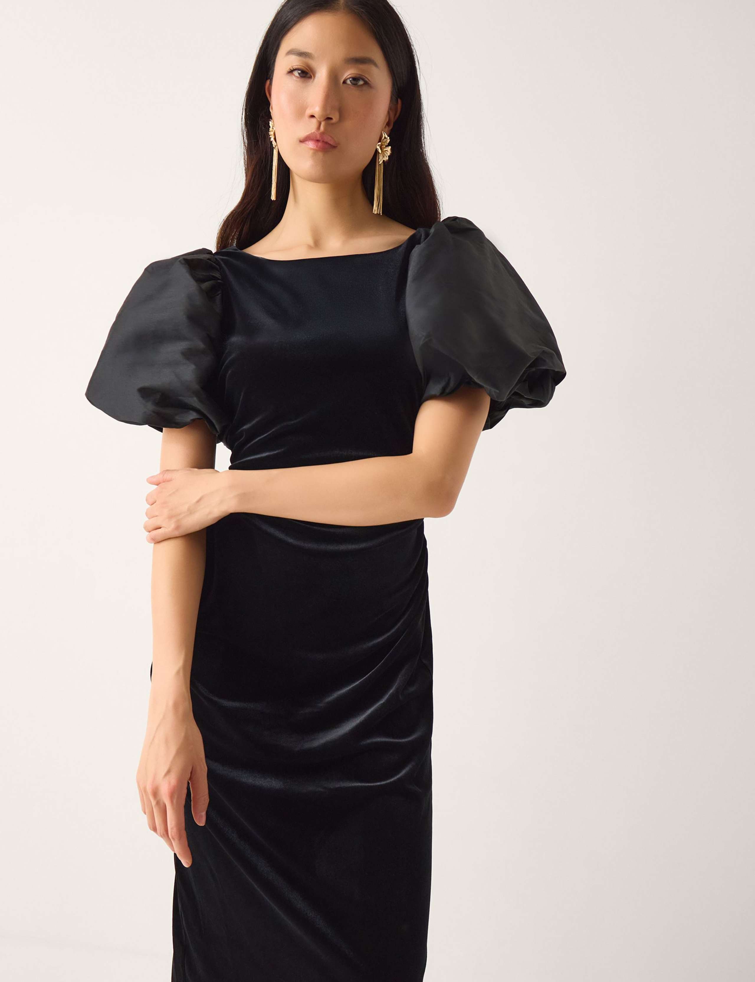 Velvet Puff Sleeve Midi Column Dress 1 of 3