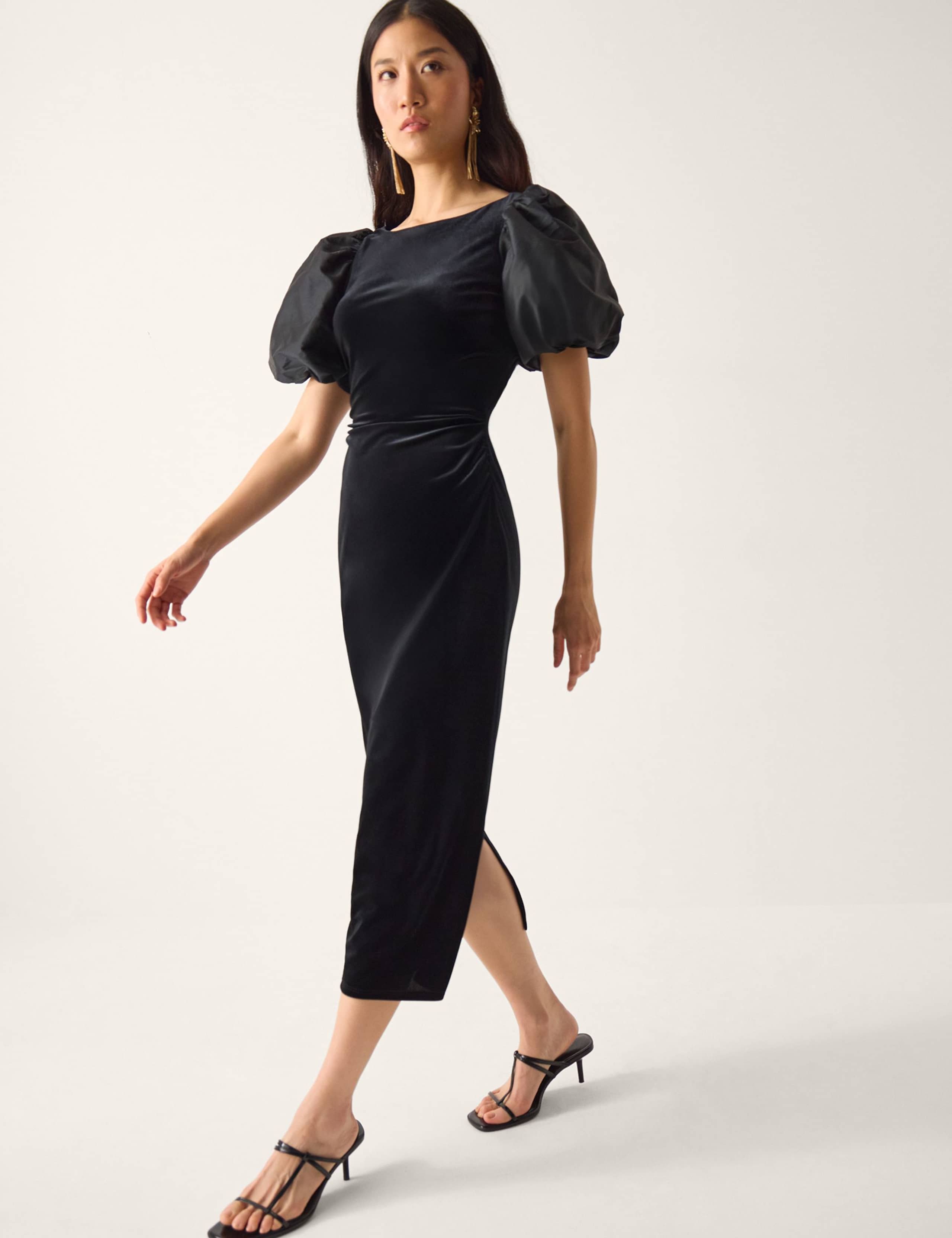 Velvet Puff Sleeve Midi Column Dress 2 of 3