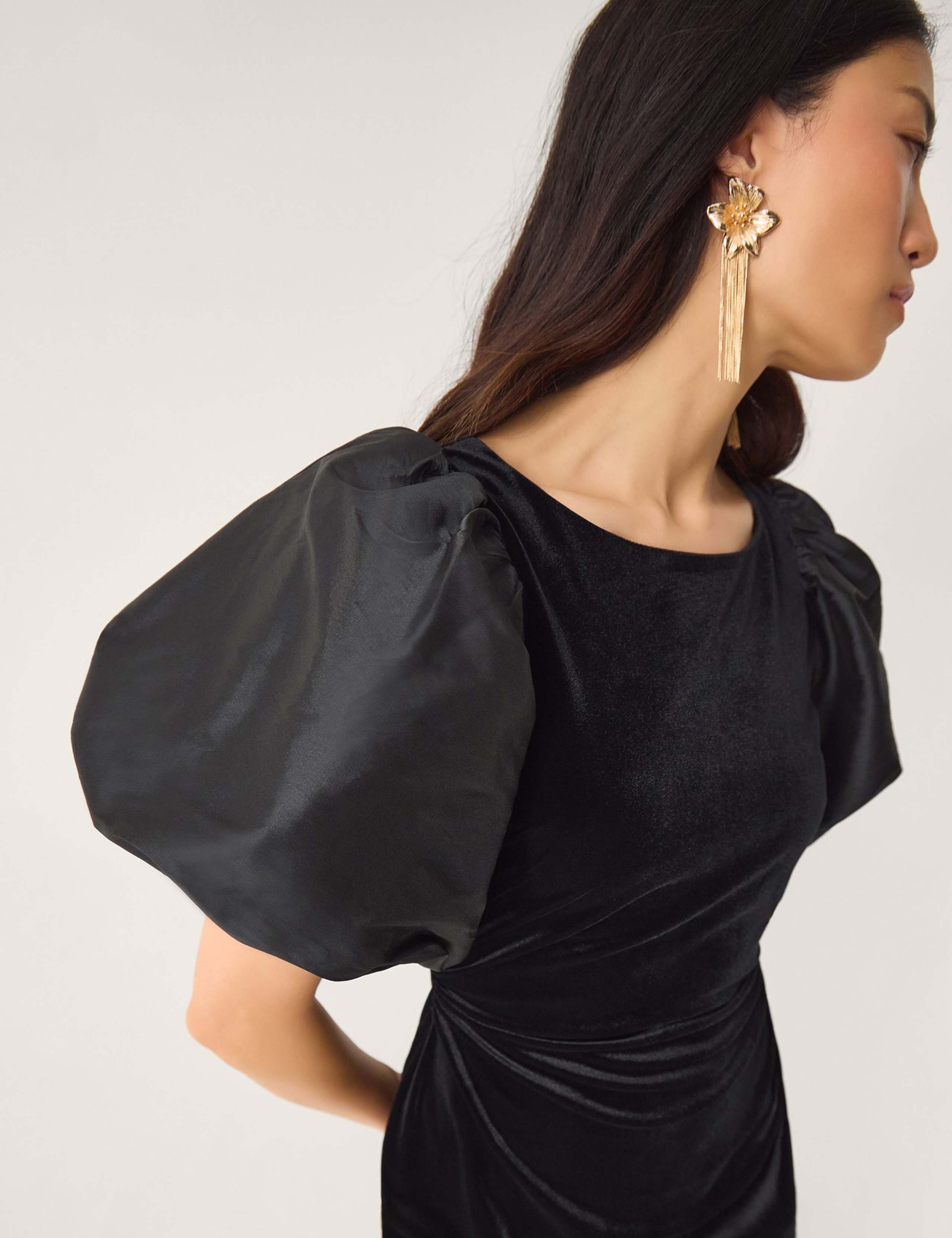 Velvet Puff Sleeve Midi Column Dress 3 of 3