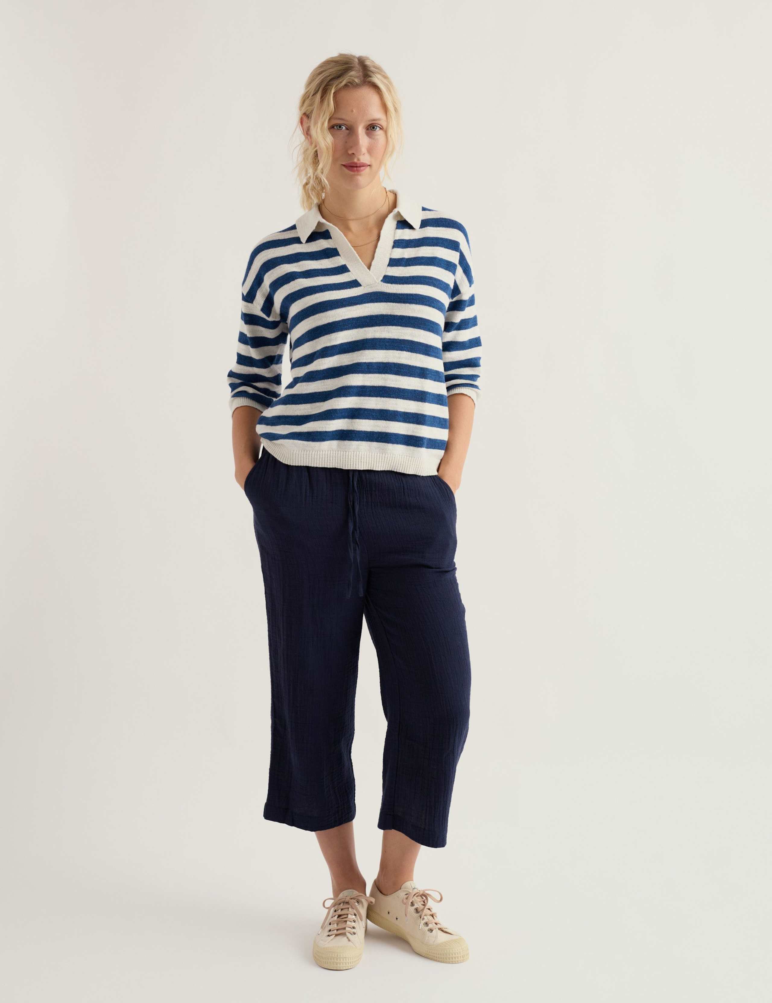 Striped Collared Relaxed Jumper with Linen 1 of 5