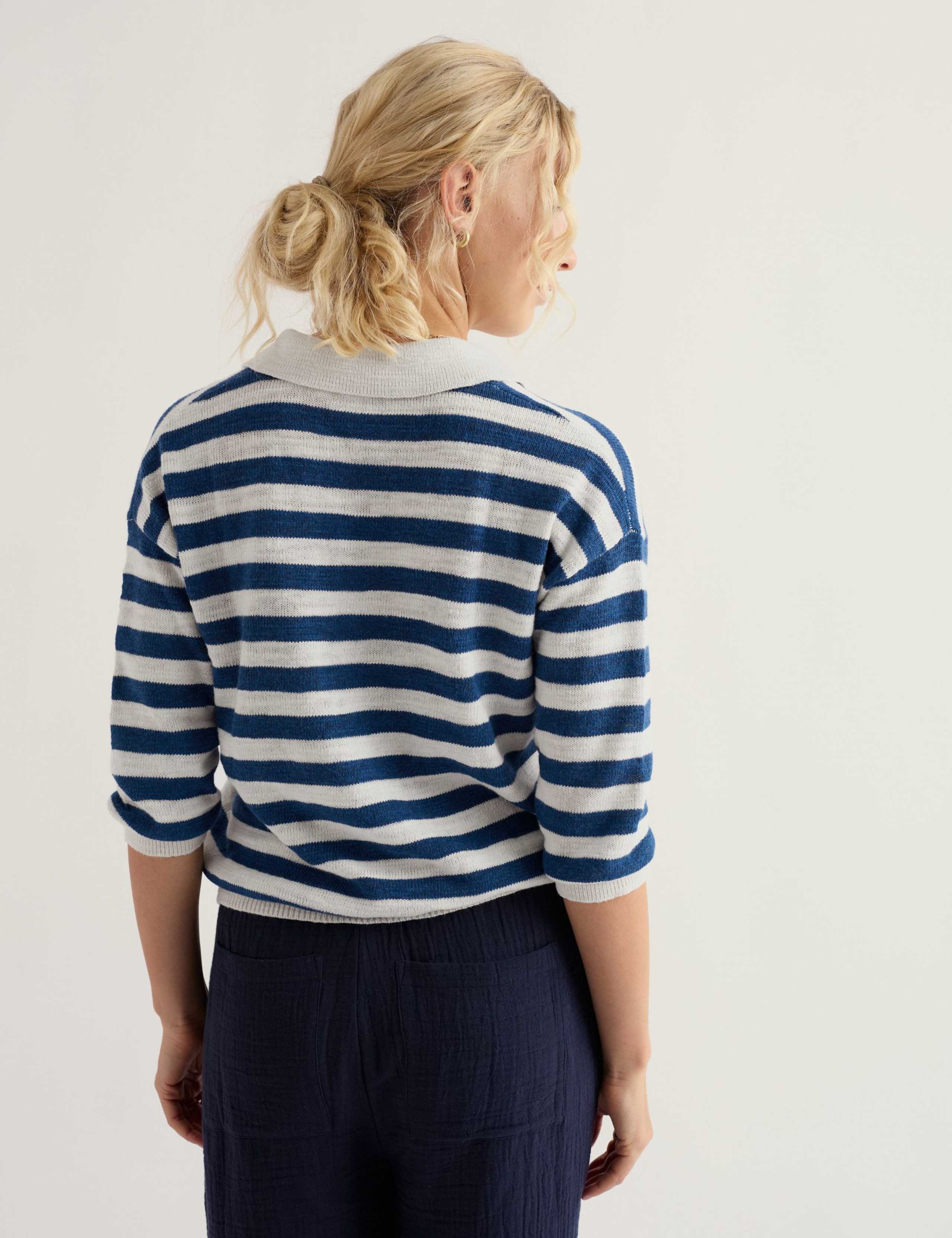 Striped Collared Relaxed Jumper with Linen 3 of 5