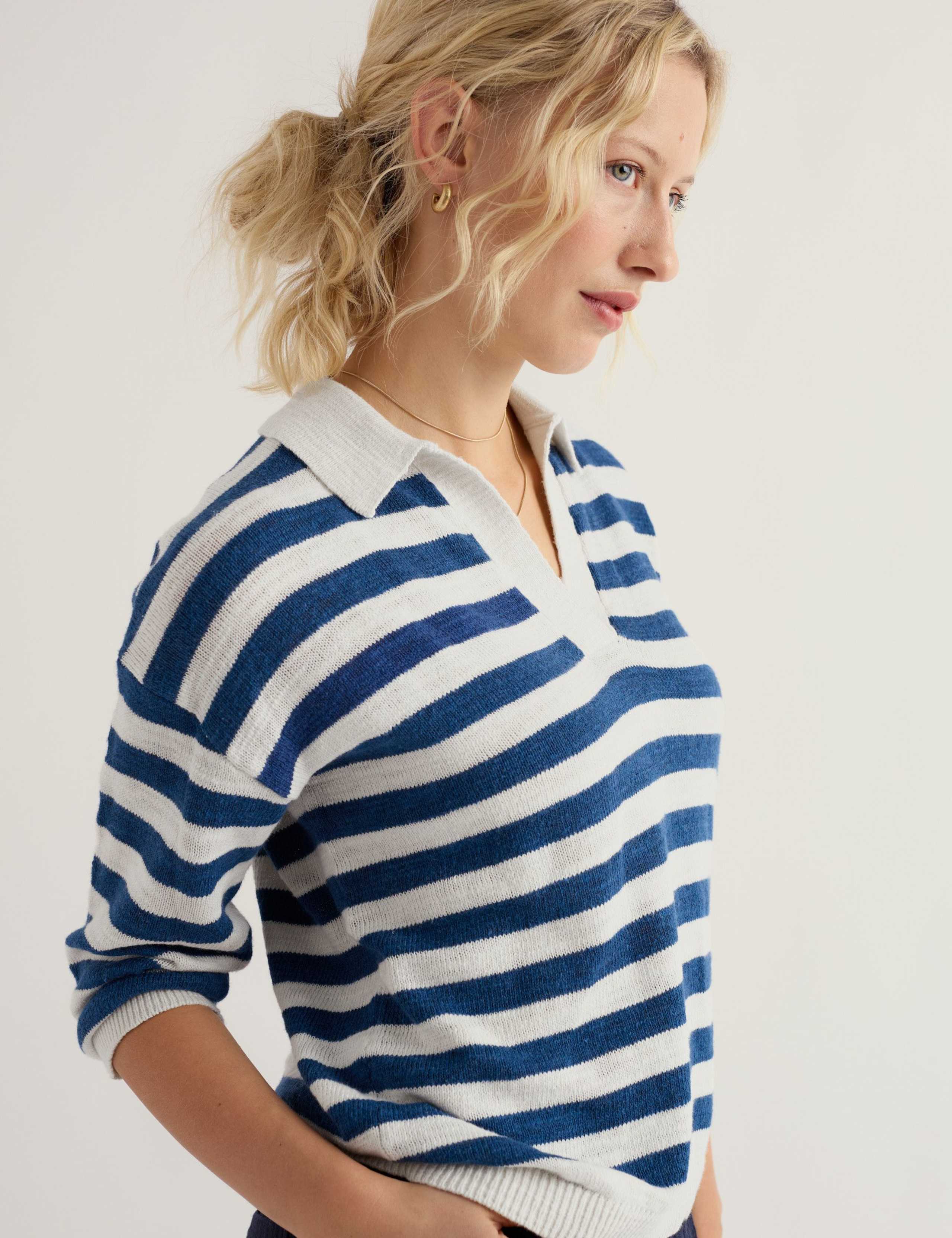 Striped Collared Relaxed Jumper with Linen 4 of 5