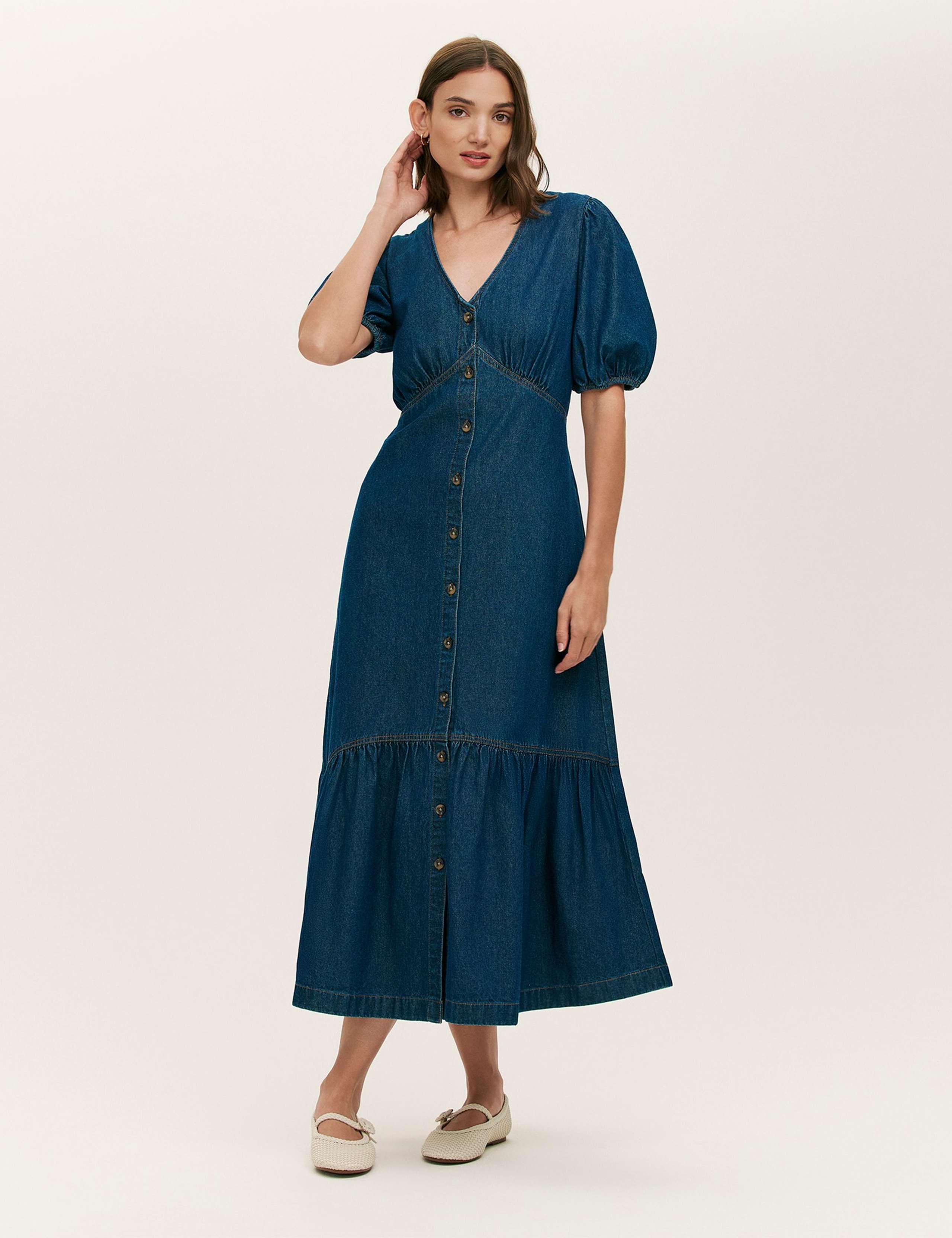 Denim Button Through Midi Tiered Dress 2 of 5