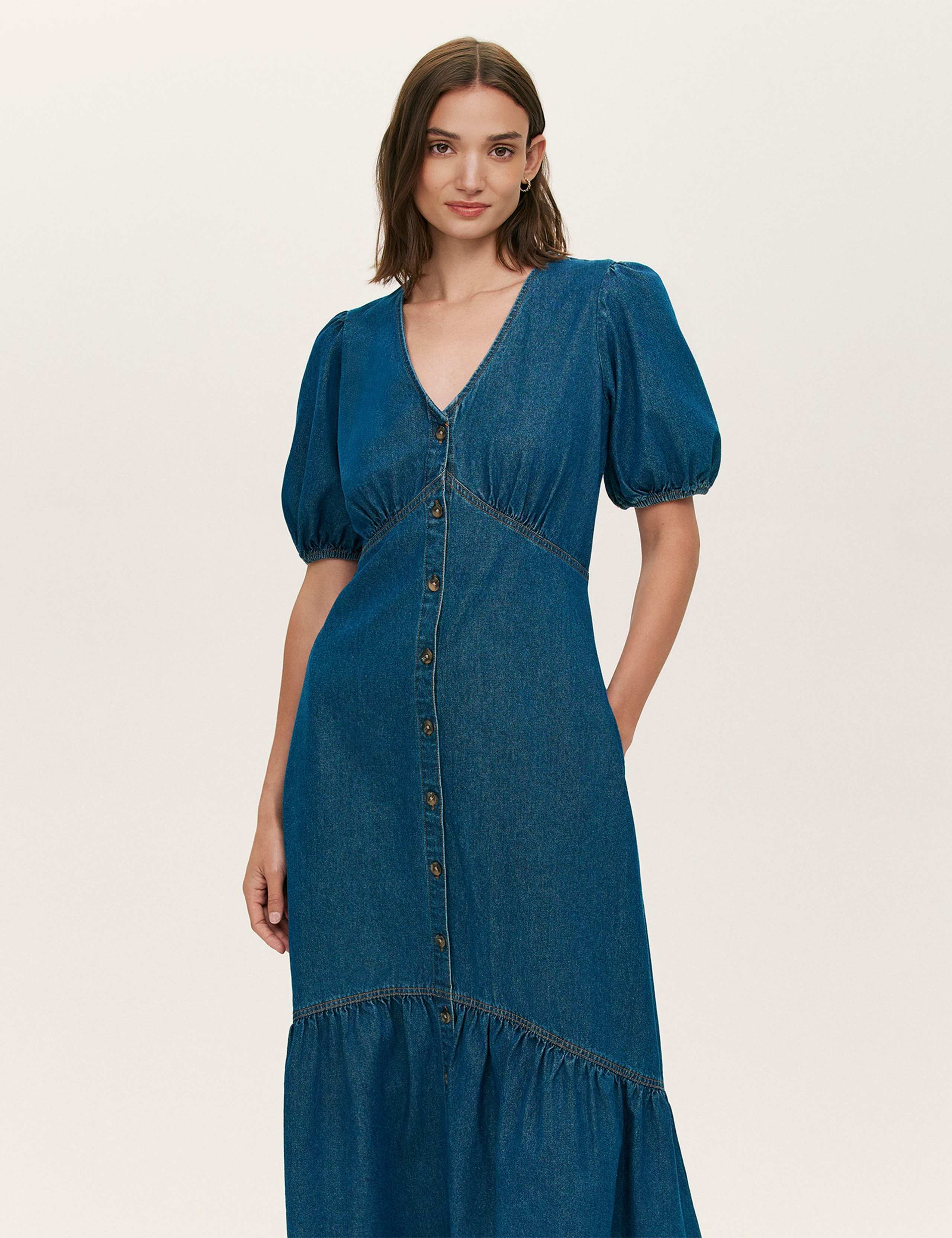 Denim Button Through Midi Tiered Dress 3 of 4