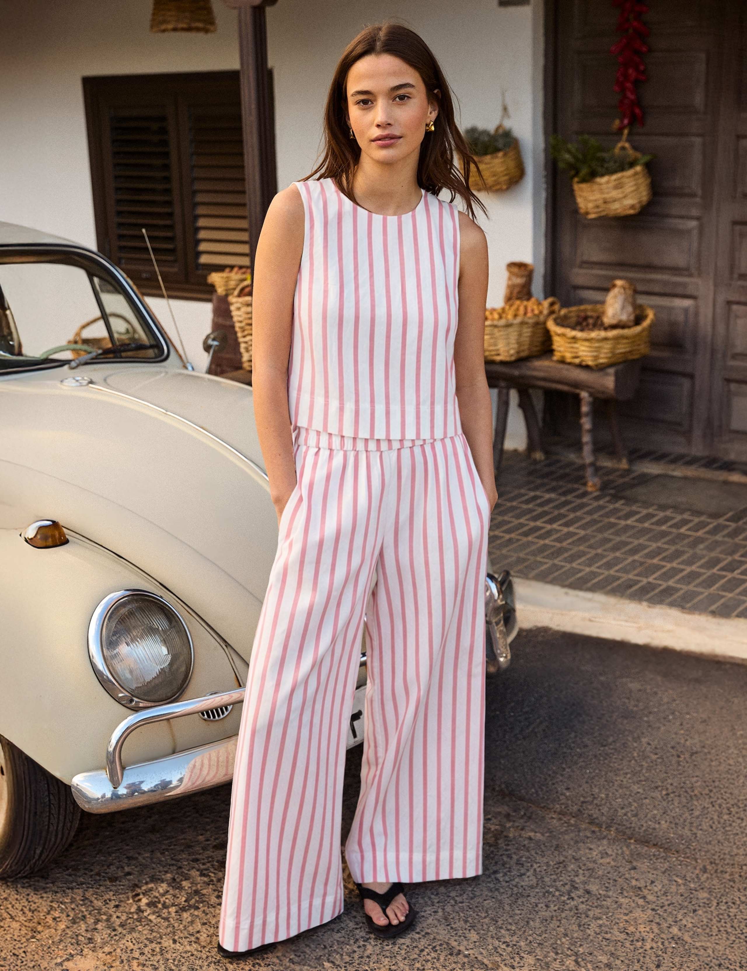 Cotton Blend Striped Wide Leg Trousers 1 of 7