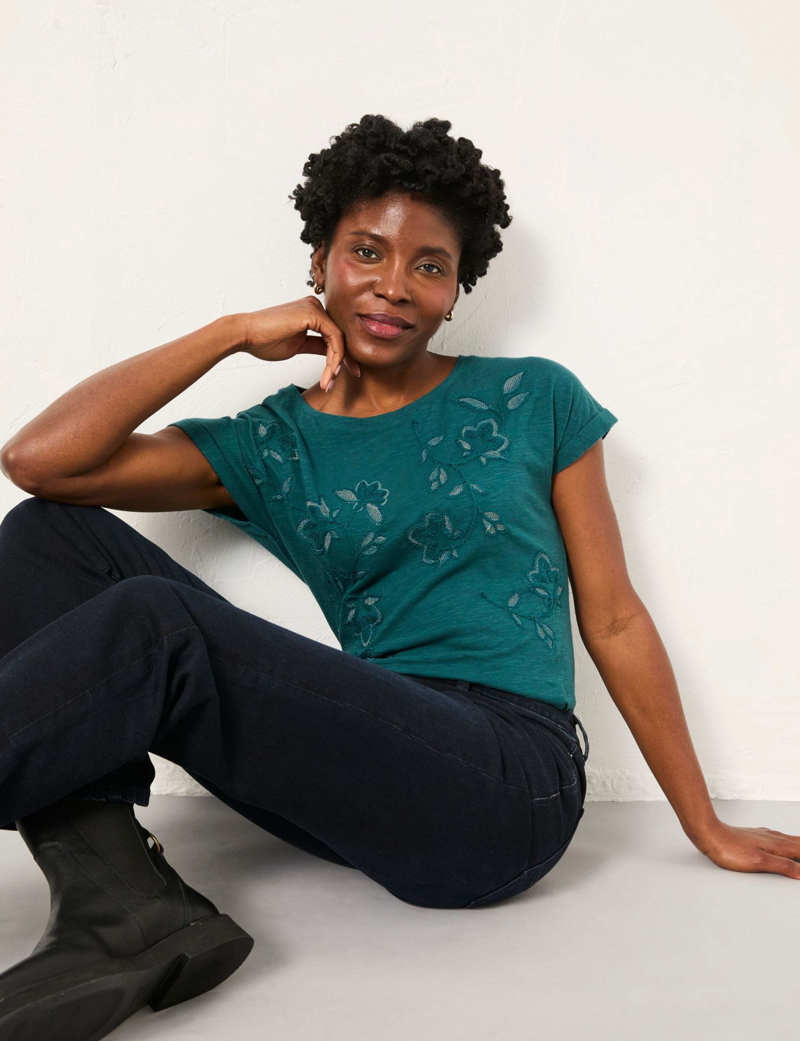 Pure Cotton Floral Embroidered T-Shirt 1 of 5