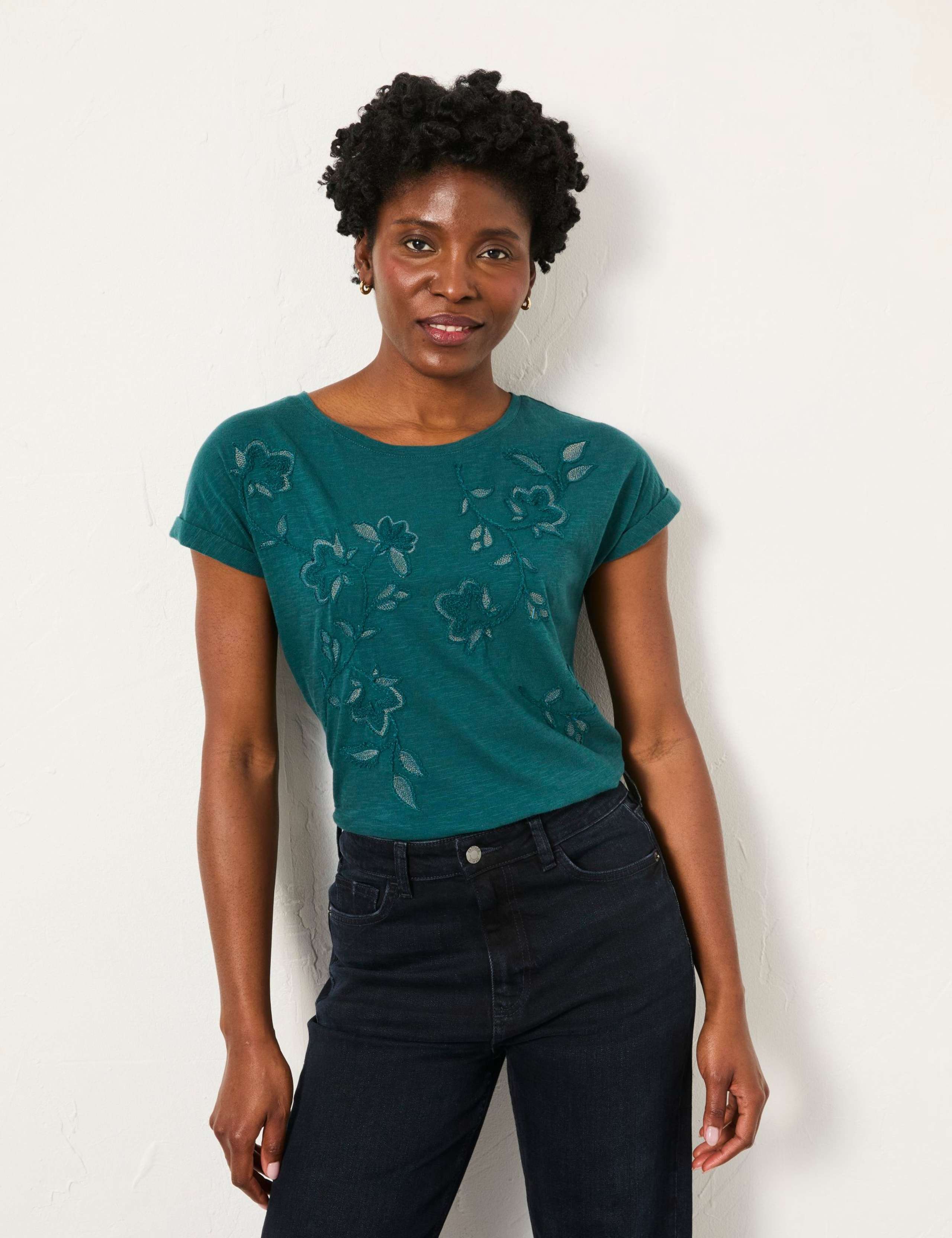 Pure Cotton Floral Embroidered T-Shirt 4 of 5