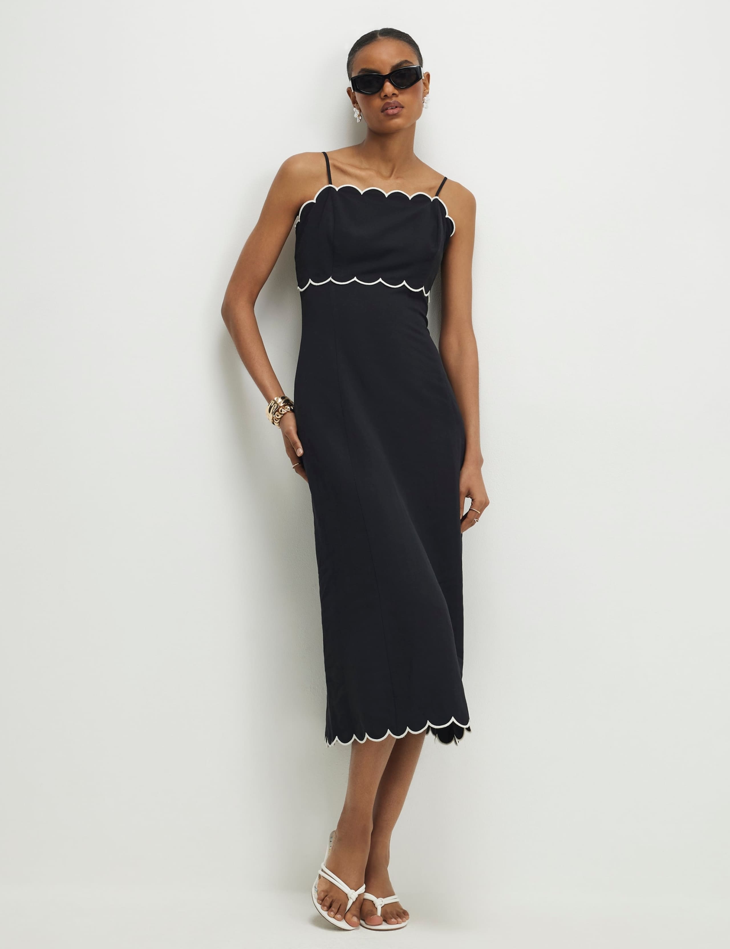 Scallop Trim Midi Column Dress with Linen 1 of 4