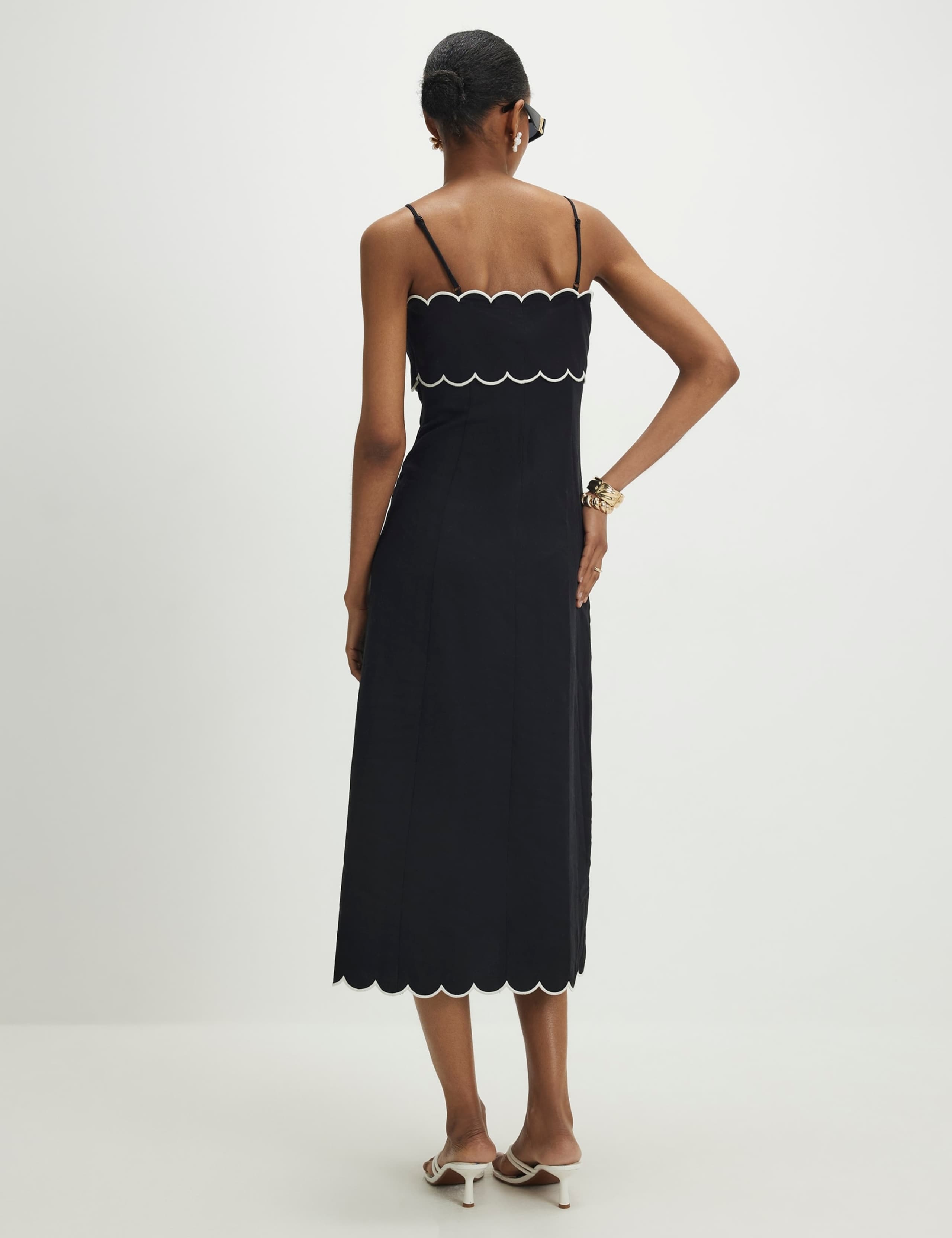 Scallop Trim Midi Column Dress with Linen 4 of 4