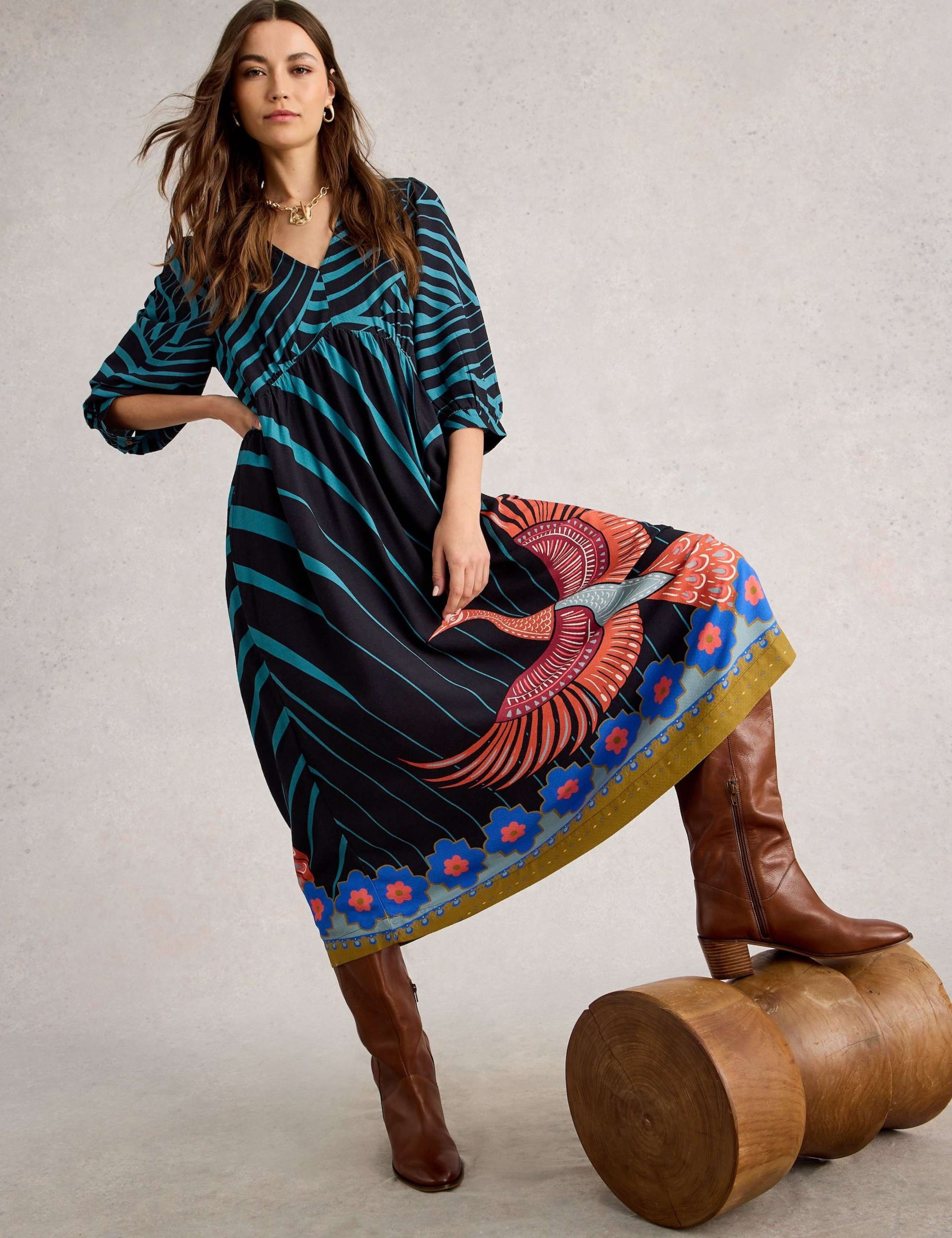 Printed V-Neck Midi Waisted Dress 3 of 6