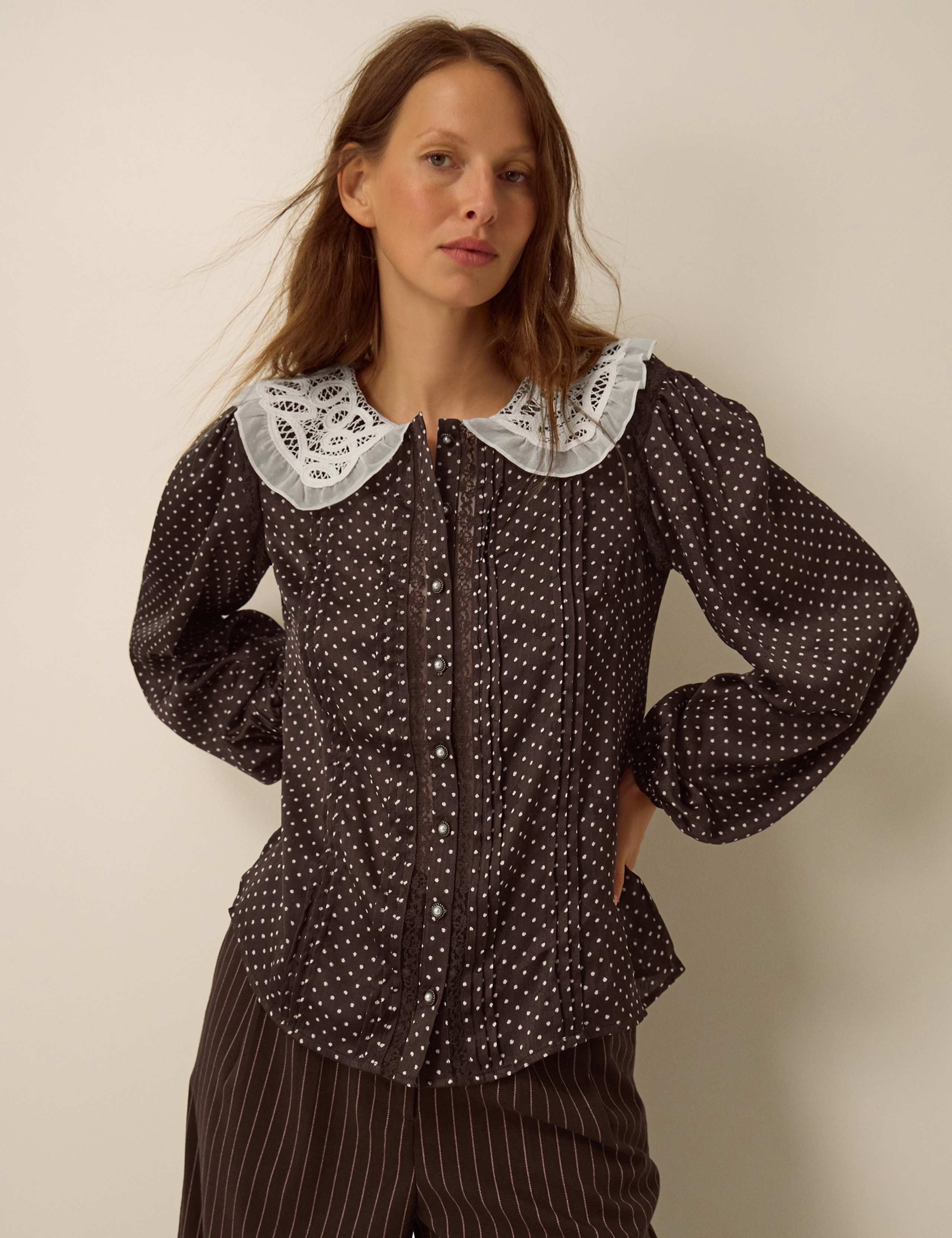 Lace Polka Dot Collared Button Through Top 2 of 4