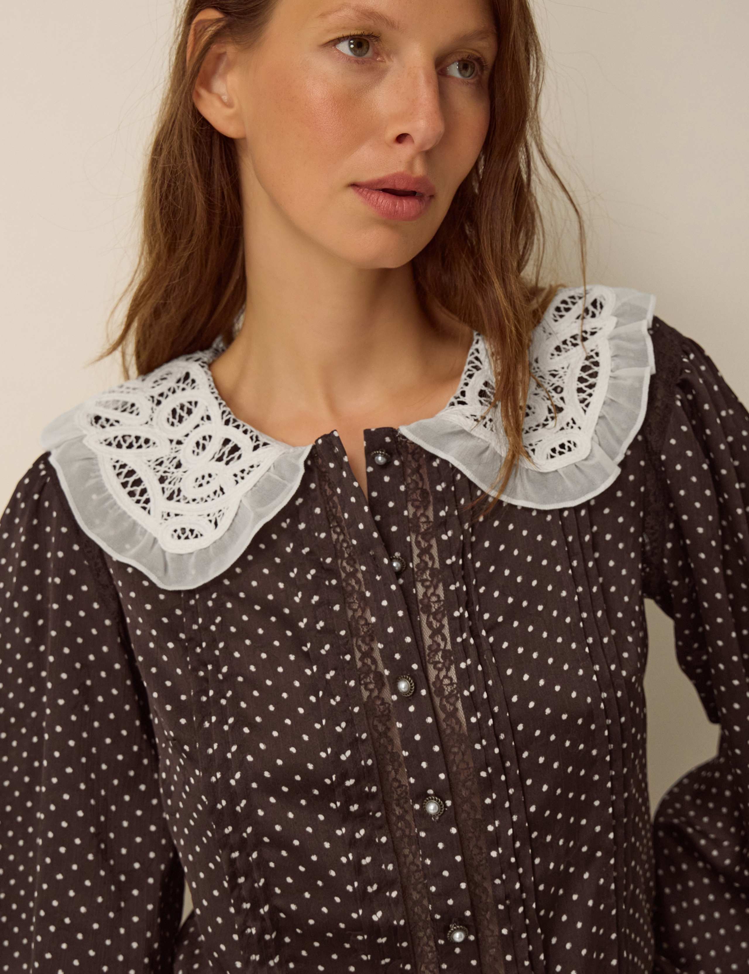 Lace Polka Dot Collared Button Through Top 3 of 4