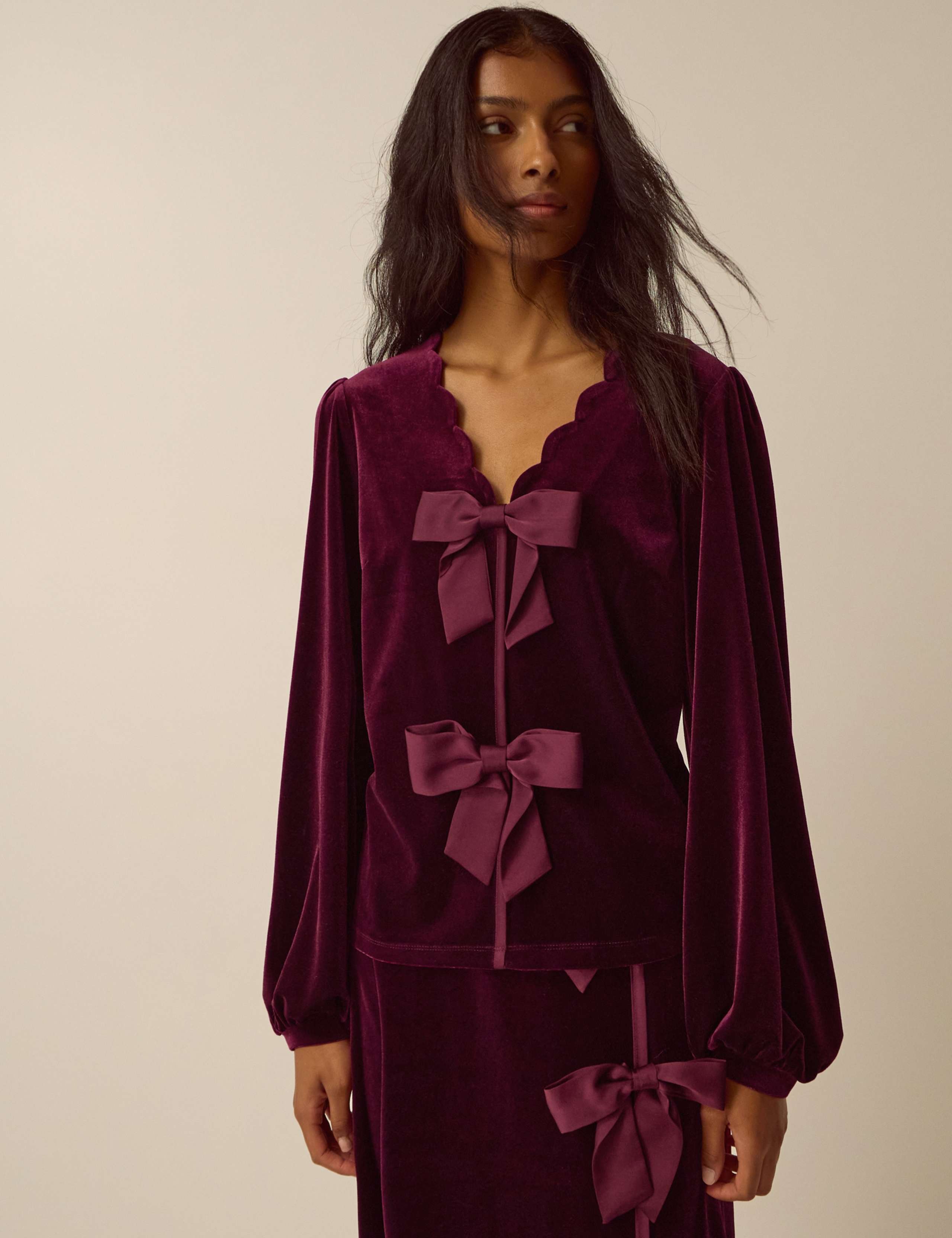 Velvet V Neck Bow Detail Top 1 of 4
