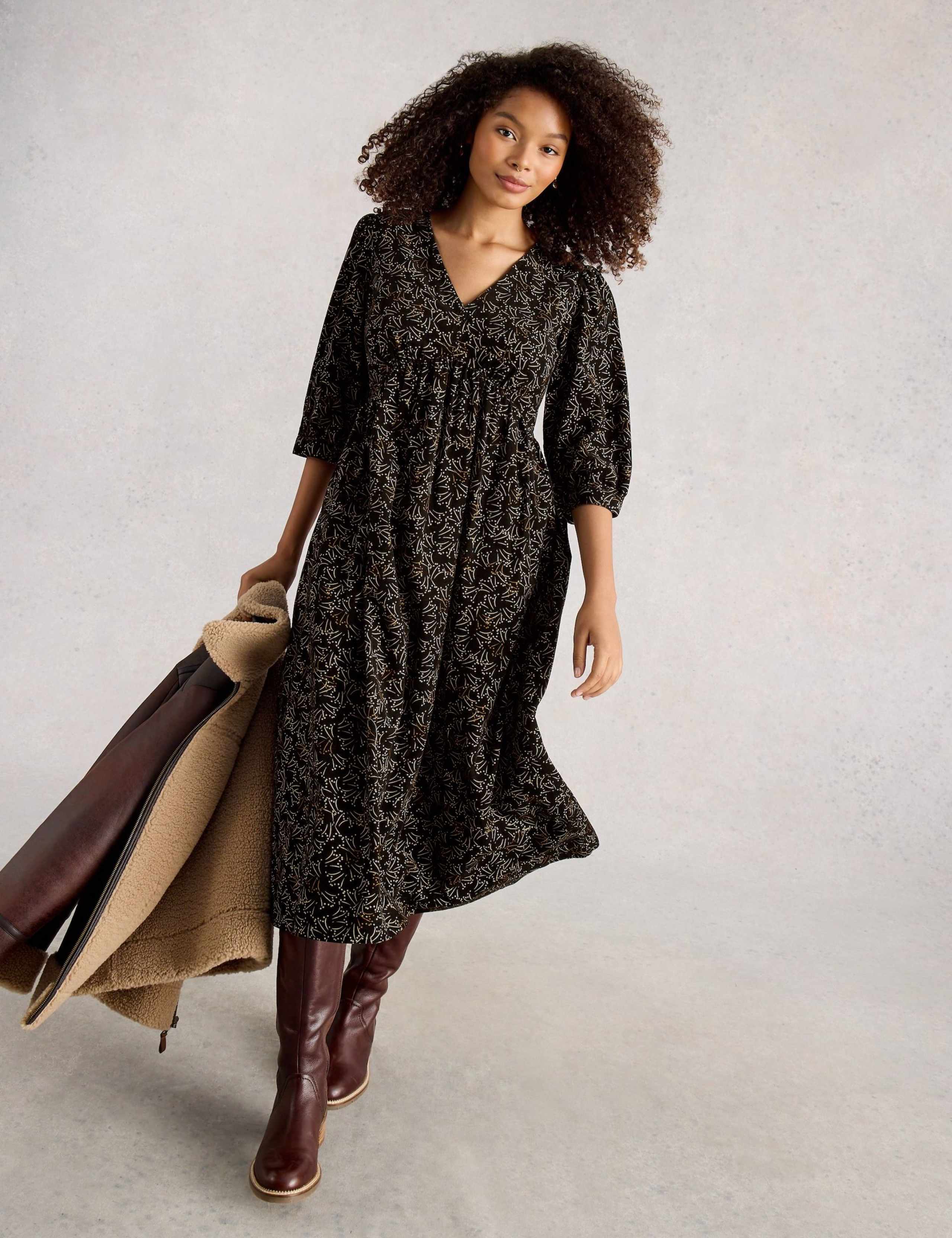 Pure Cotton Cord V-Neck Midi Tea Dress 3 of 6