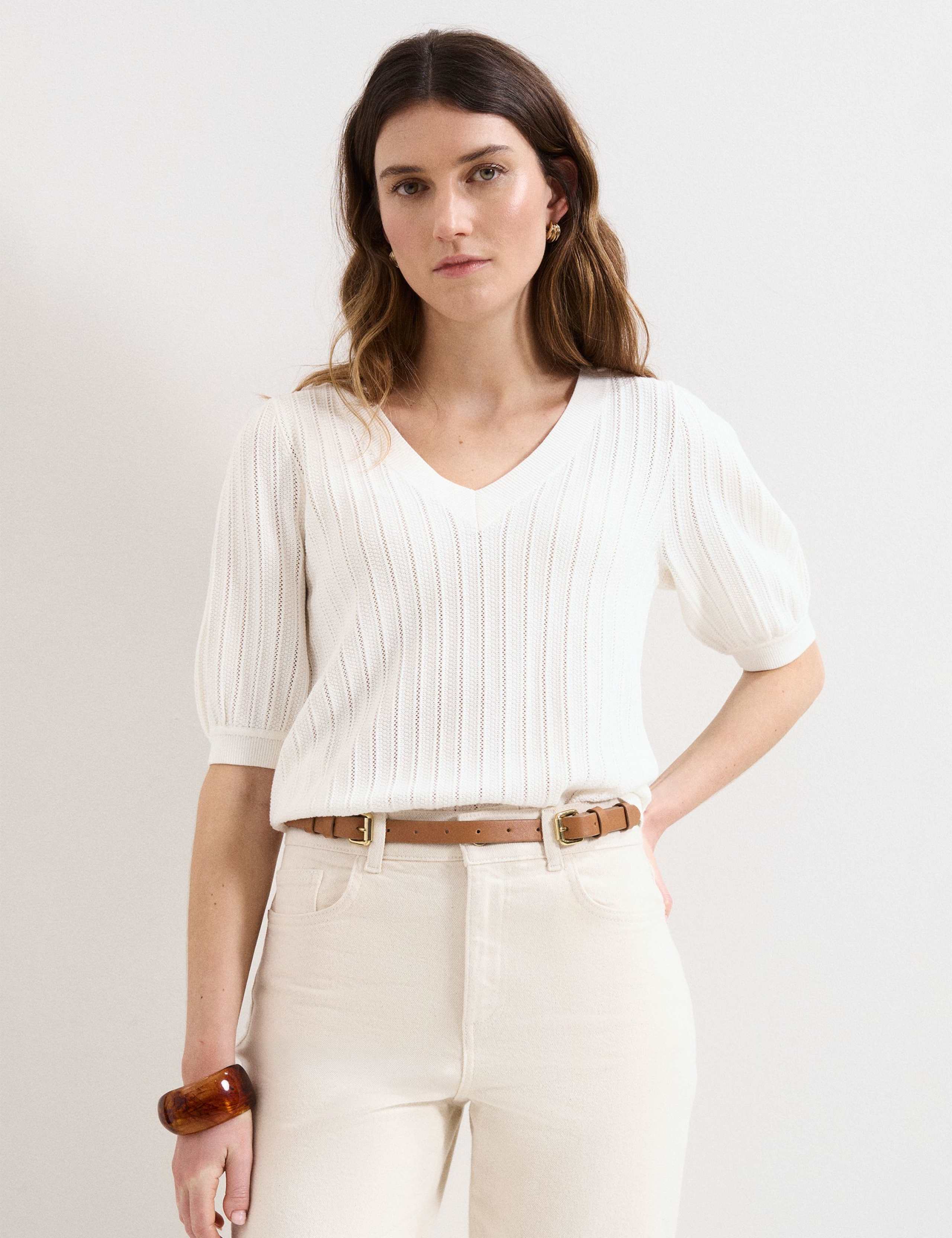 Cotton Rich Textured V-Neck Top 1 of 6