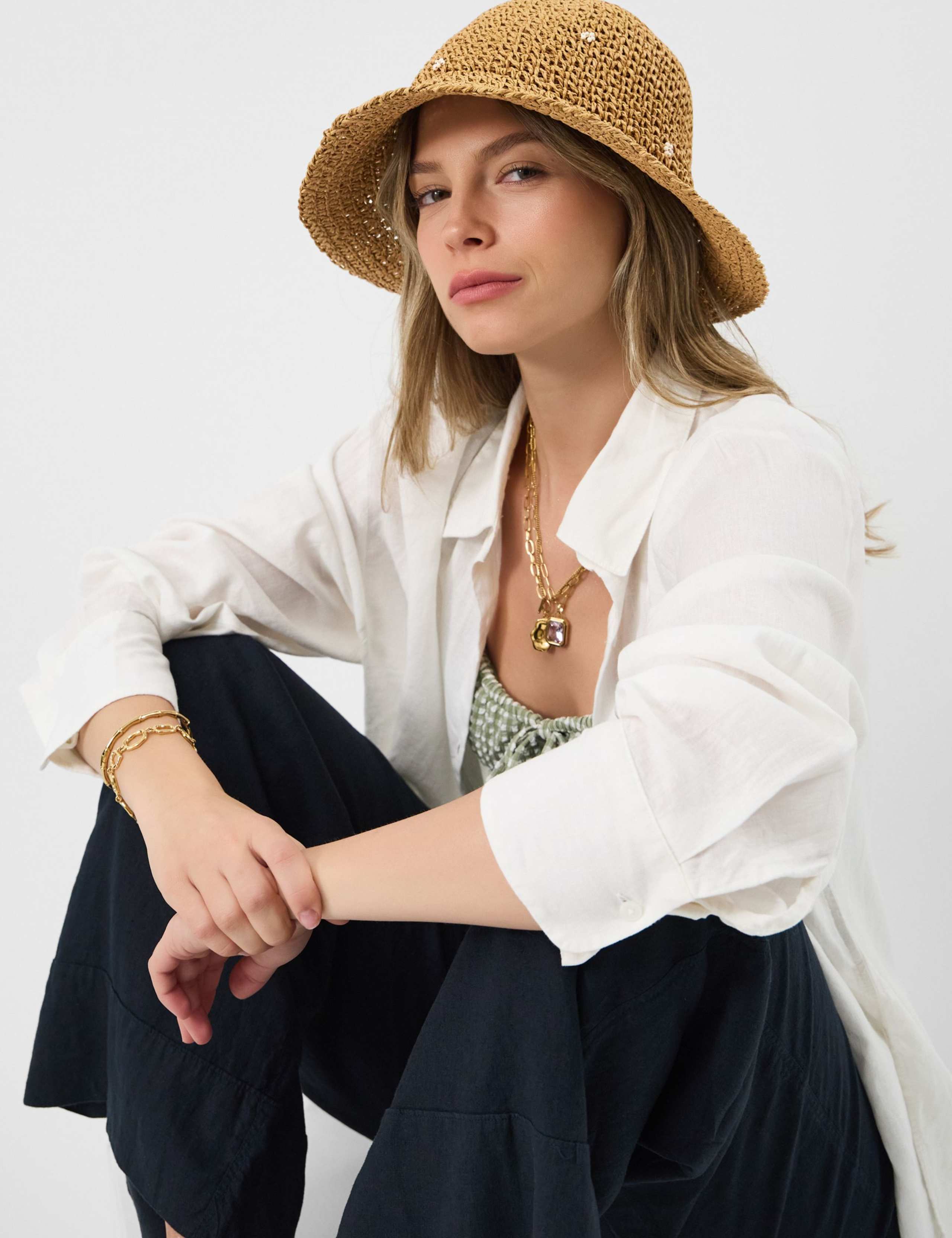 Straw Beaded Flower Bucket Hat 1 of 3