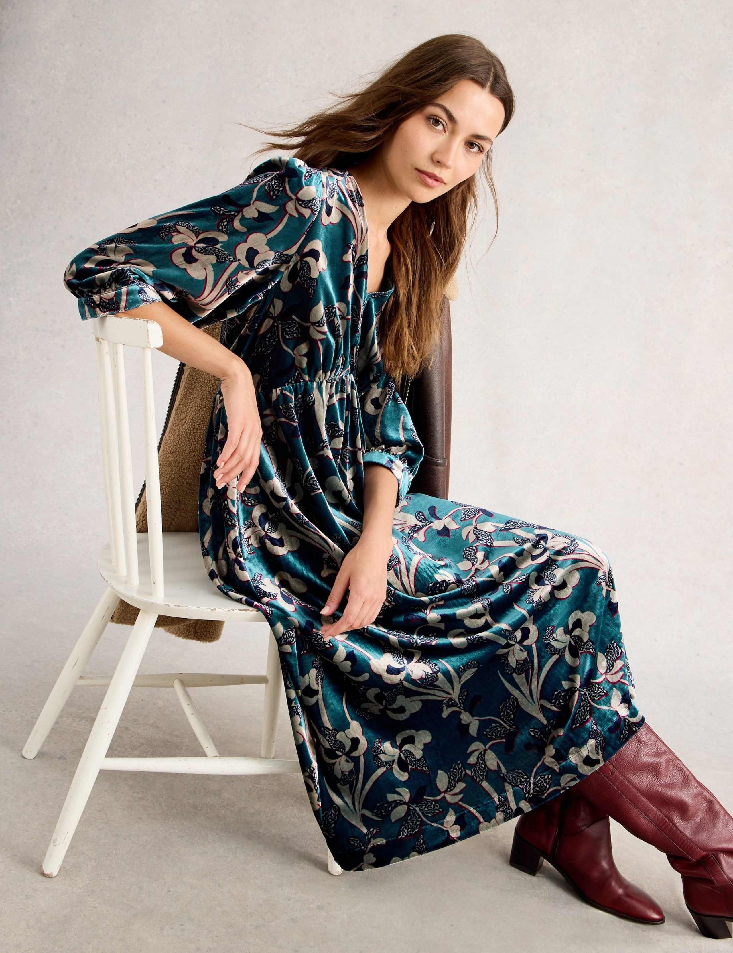 Velvet Floral V-Neck Midi Waisted Dress 3 of 6