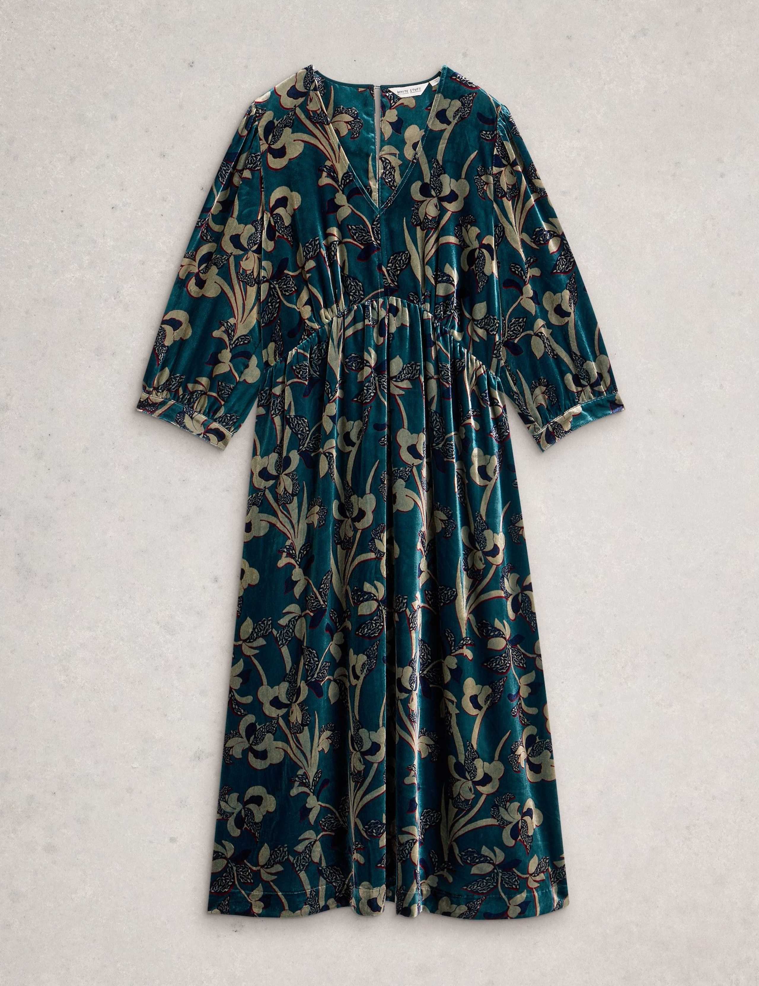 Velvet Floral V-Neck Midi Waisted Dress 2 of 6