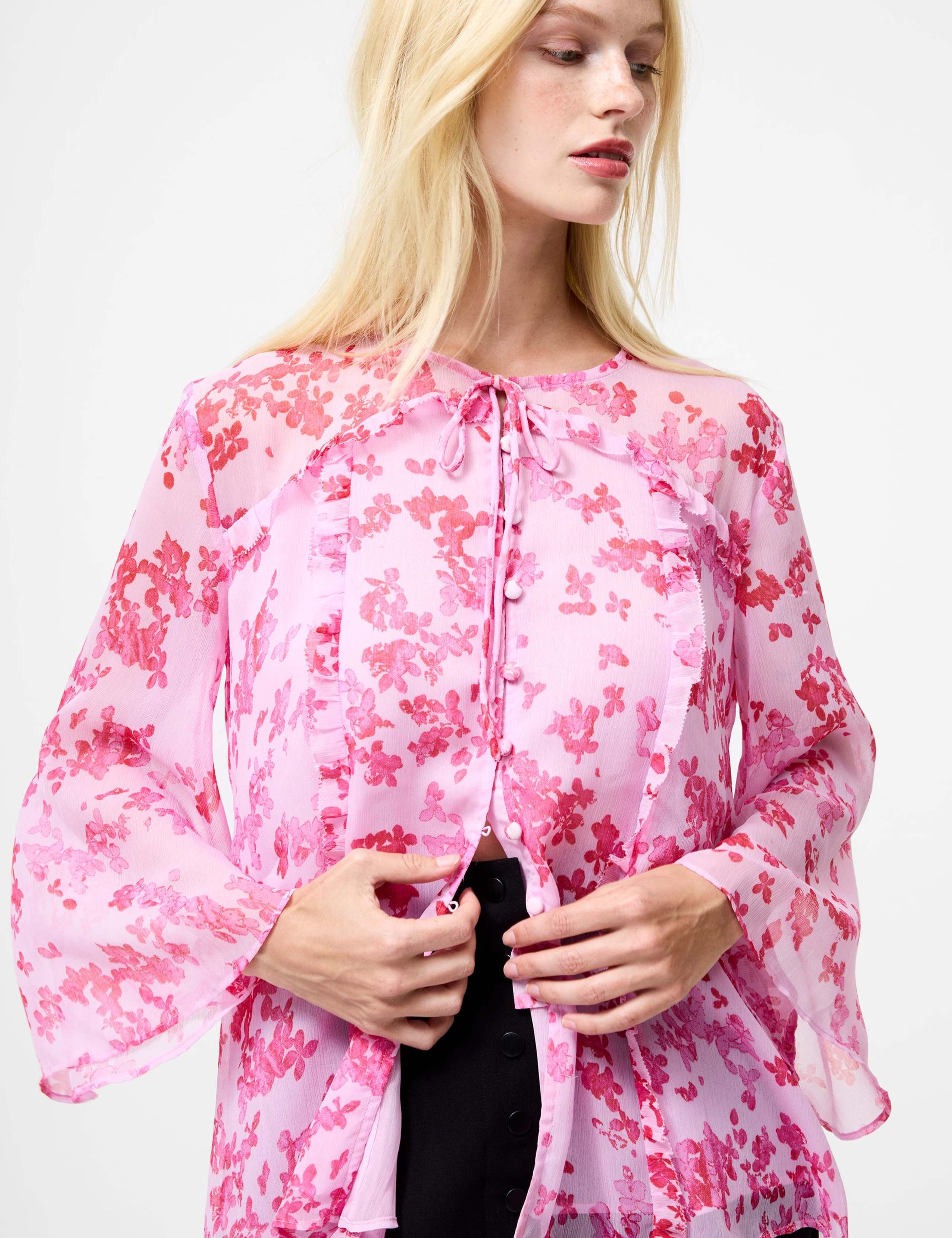 Pure Cotton Floral Tie Neck Blouse 3 of 3