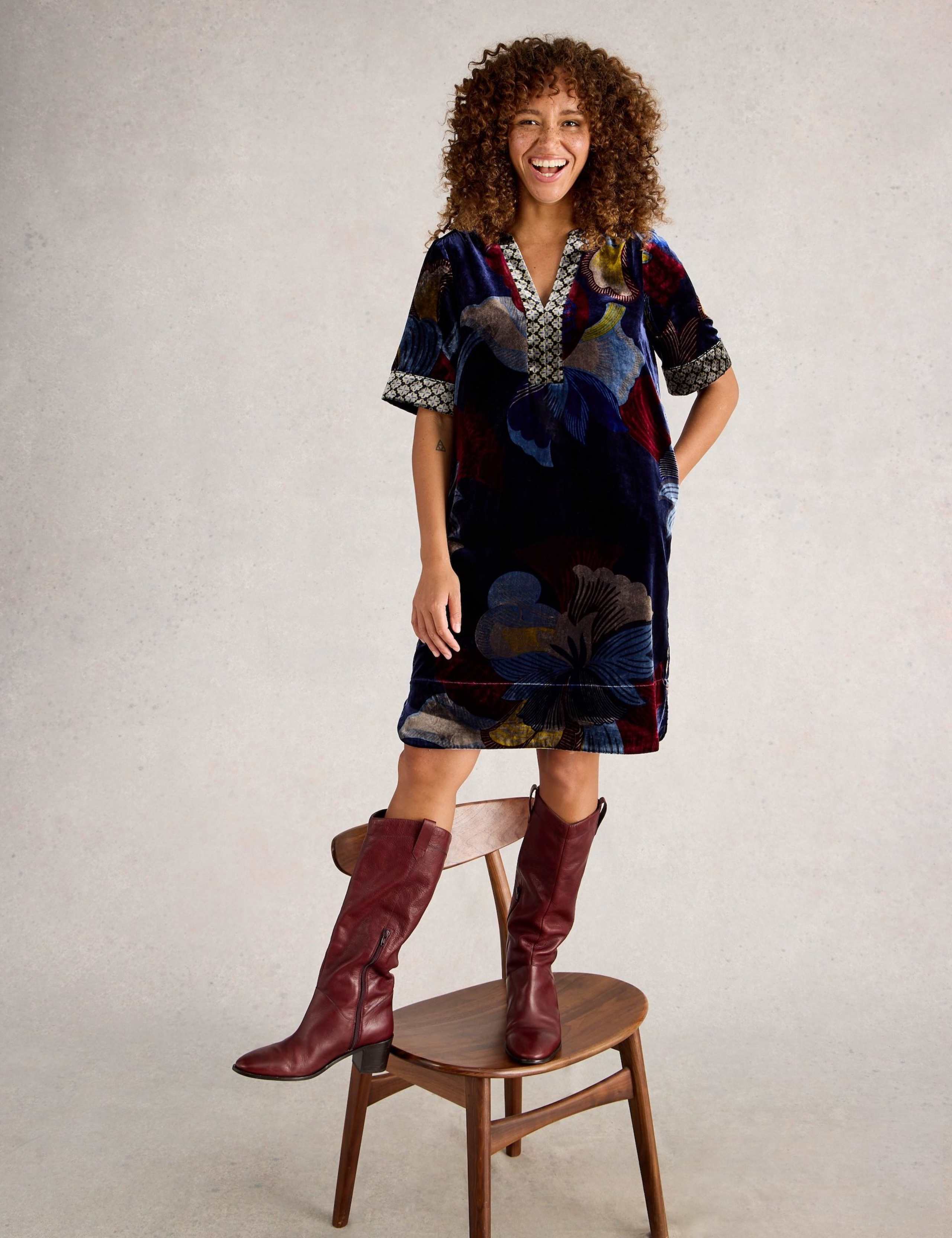 Velvet Floral Notch Neck Shift Dress 3 of 6