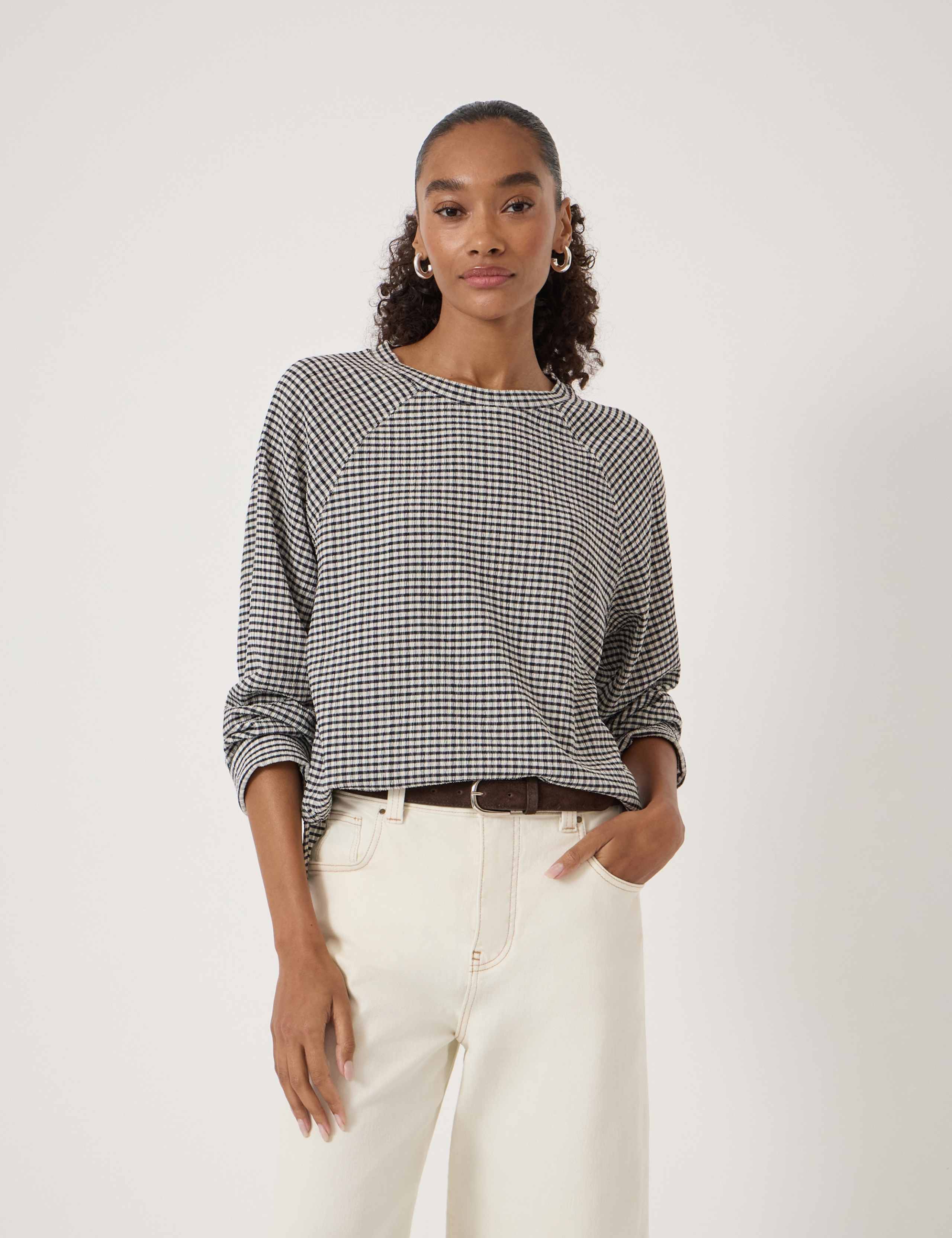 Gingham Crew Neck Raglan Top 1 of 5