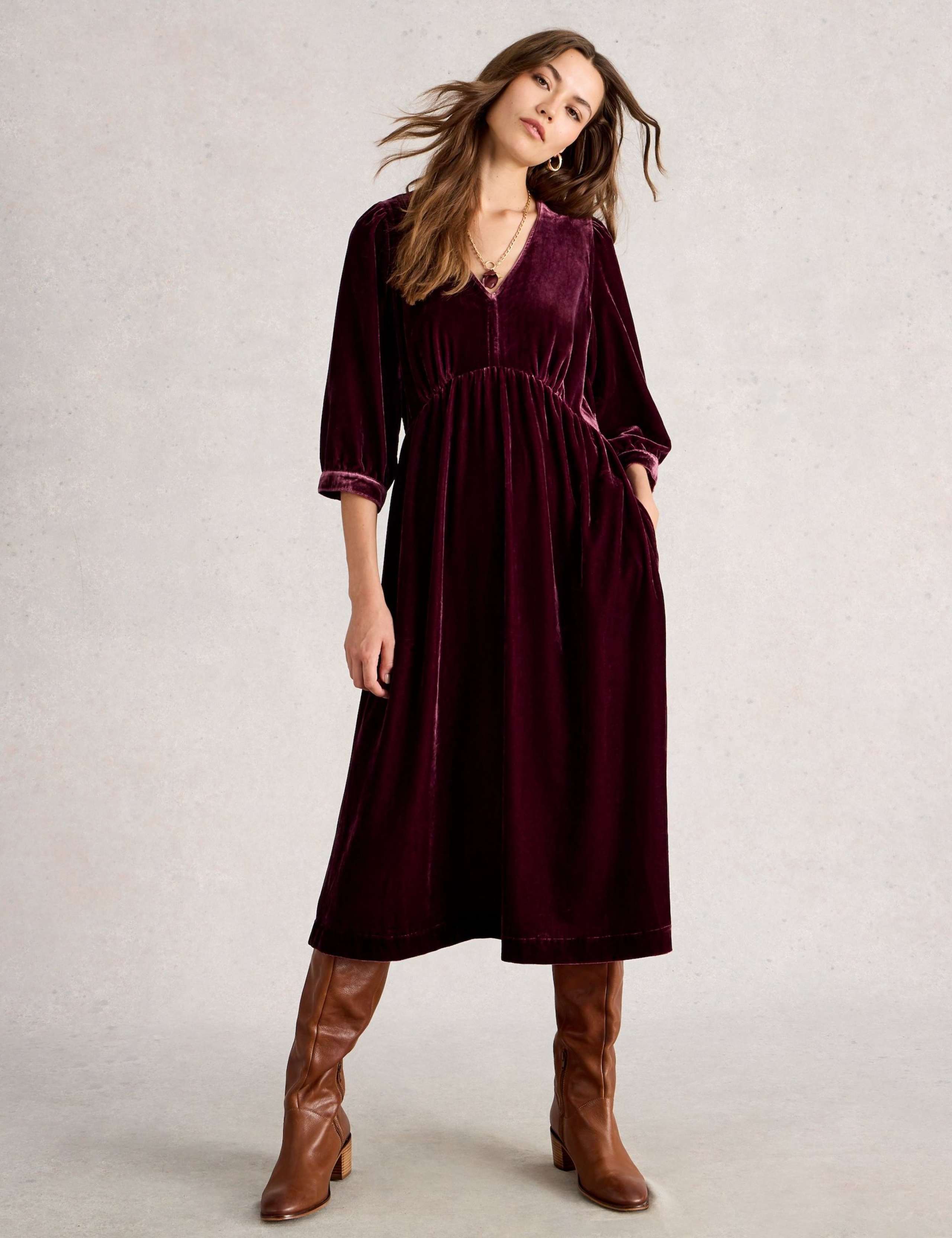 Velvet V-Neck Midi Waisted Dress 1 of 6