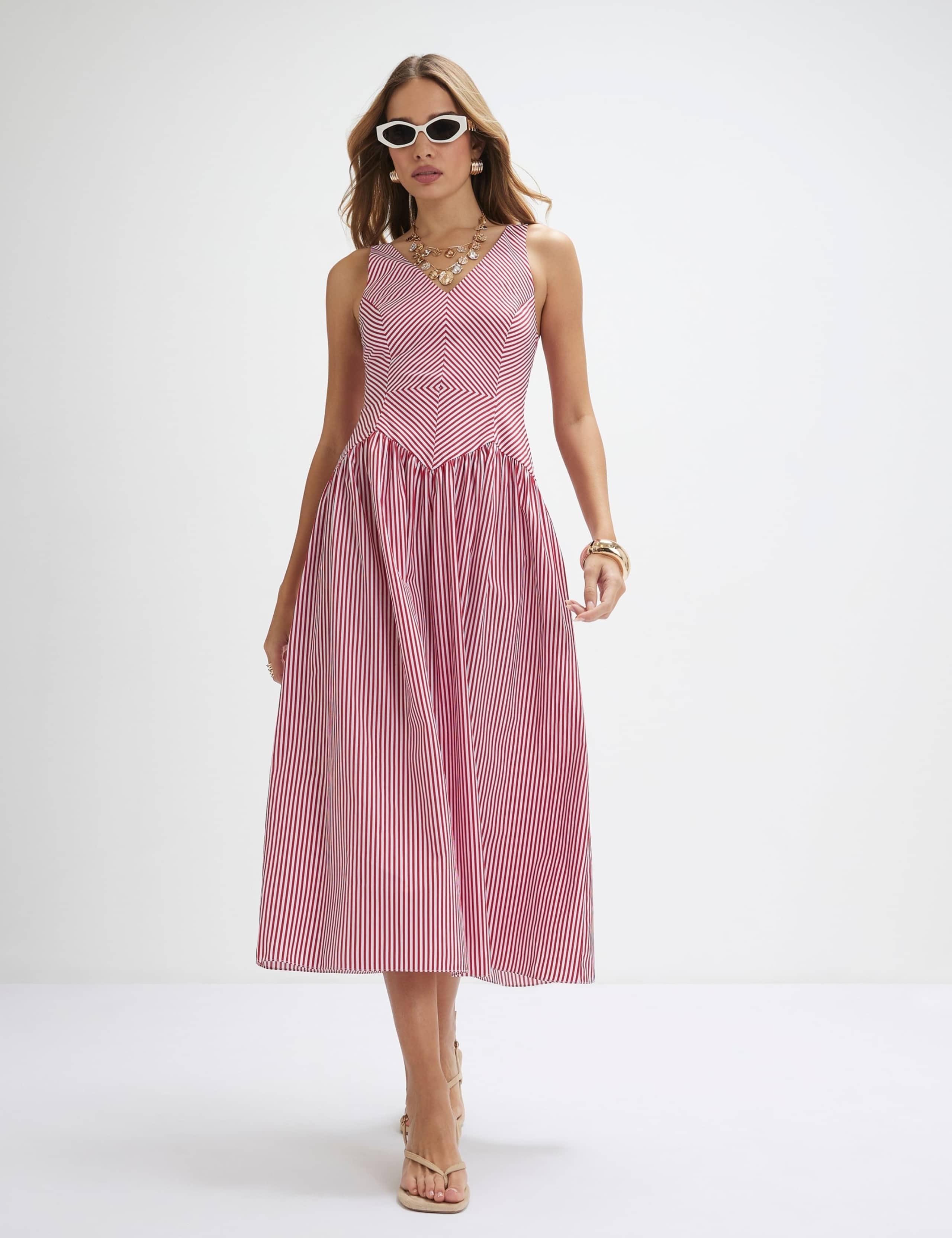 Cotton Rich Striped V-Neck Midi Dress 3 of 3