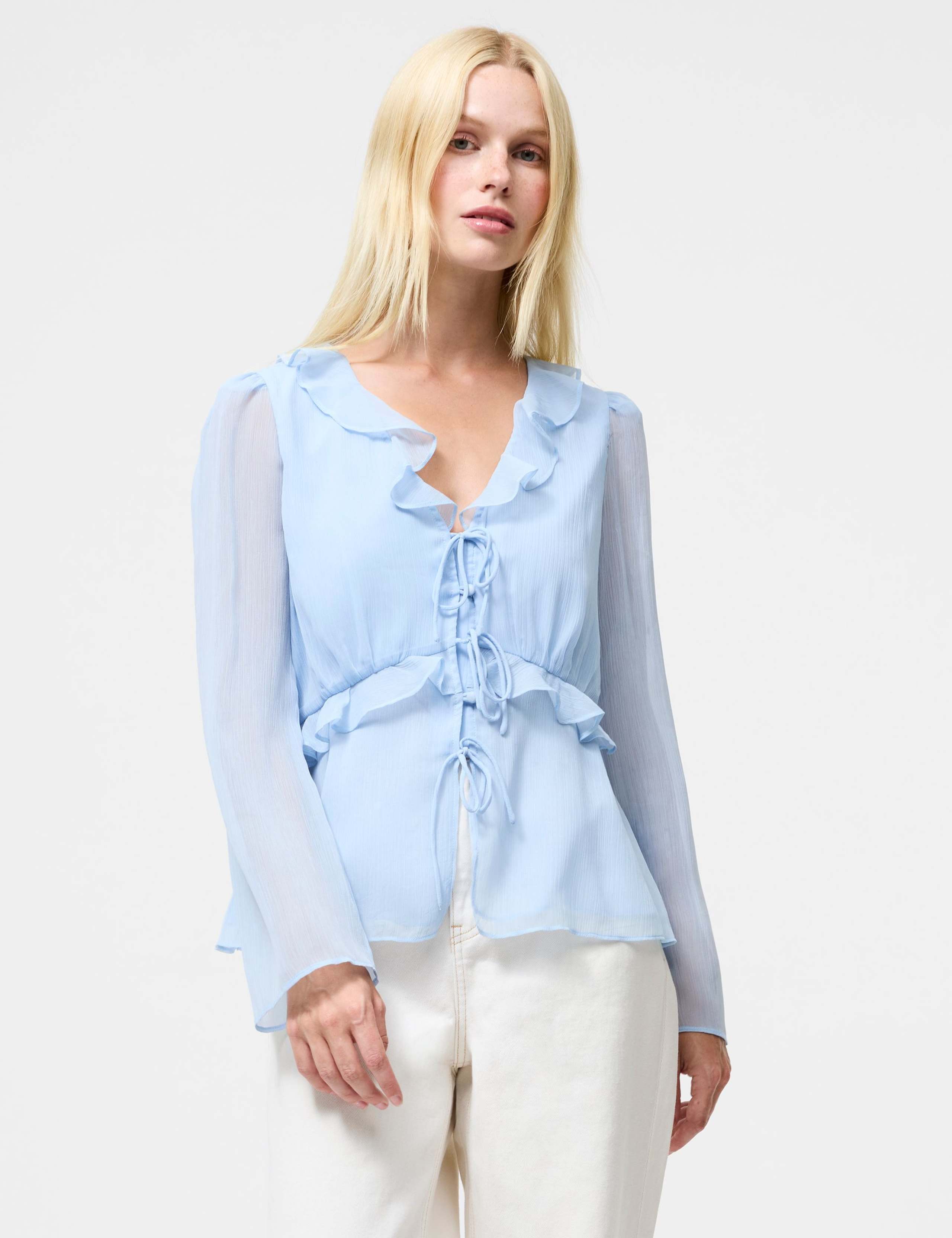 Pure Cotton Tie Front Frill Detail Blouse 3 of 3