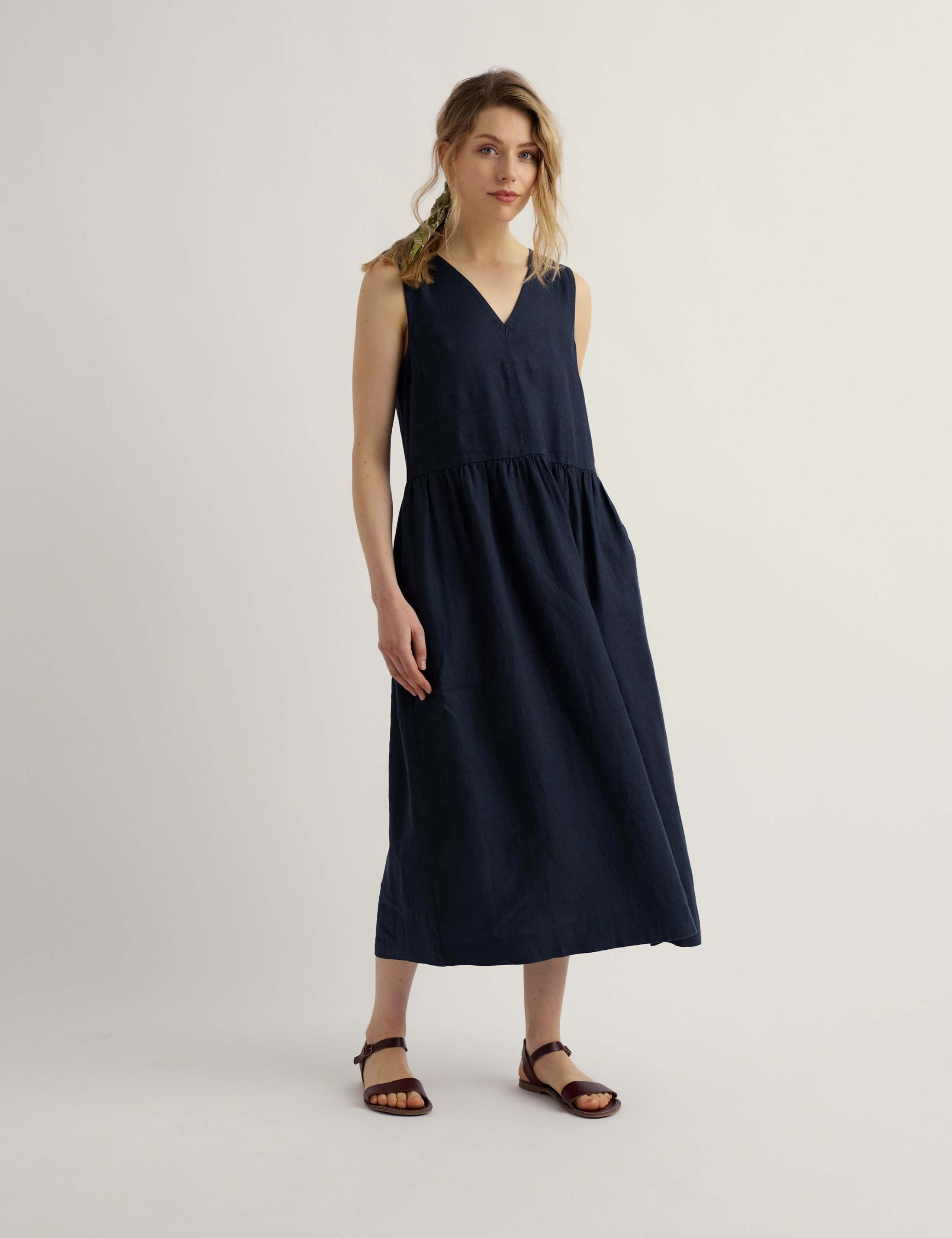 Pure Linen V-Neck Midi Waisted Dress 1 of 5