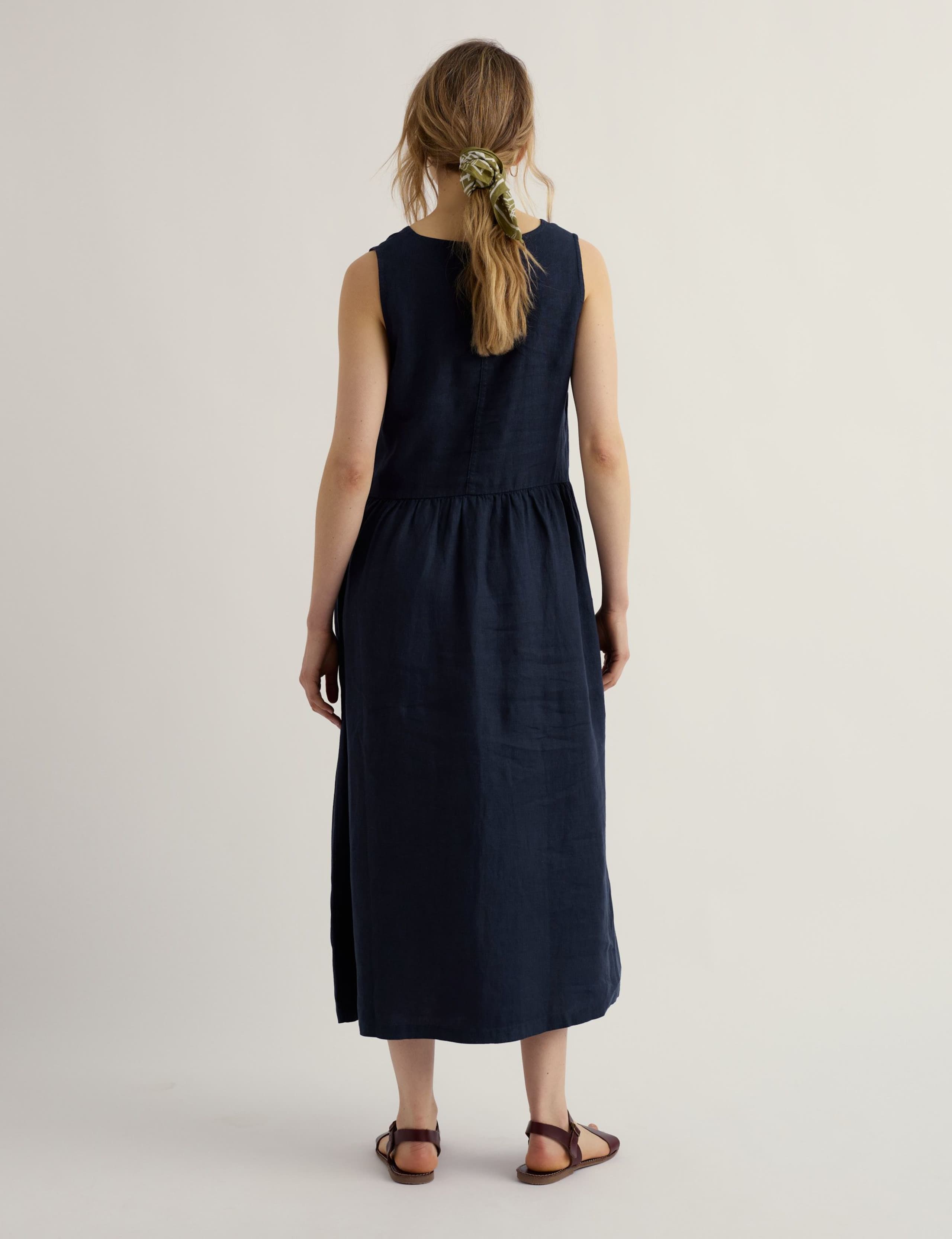 Pure Linen V-Neck Midi Waisted Dress 4 of 5