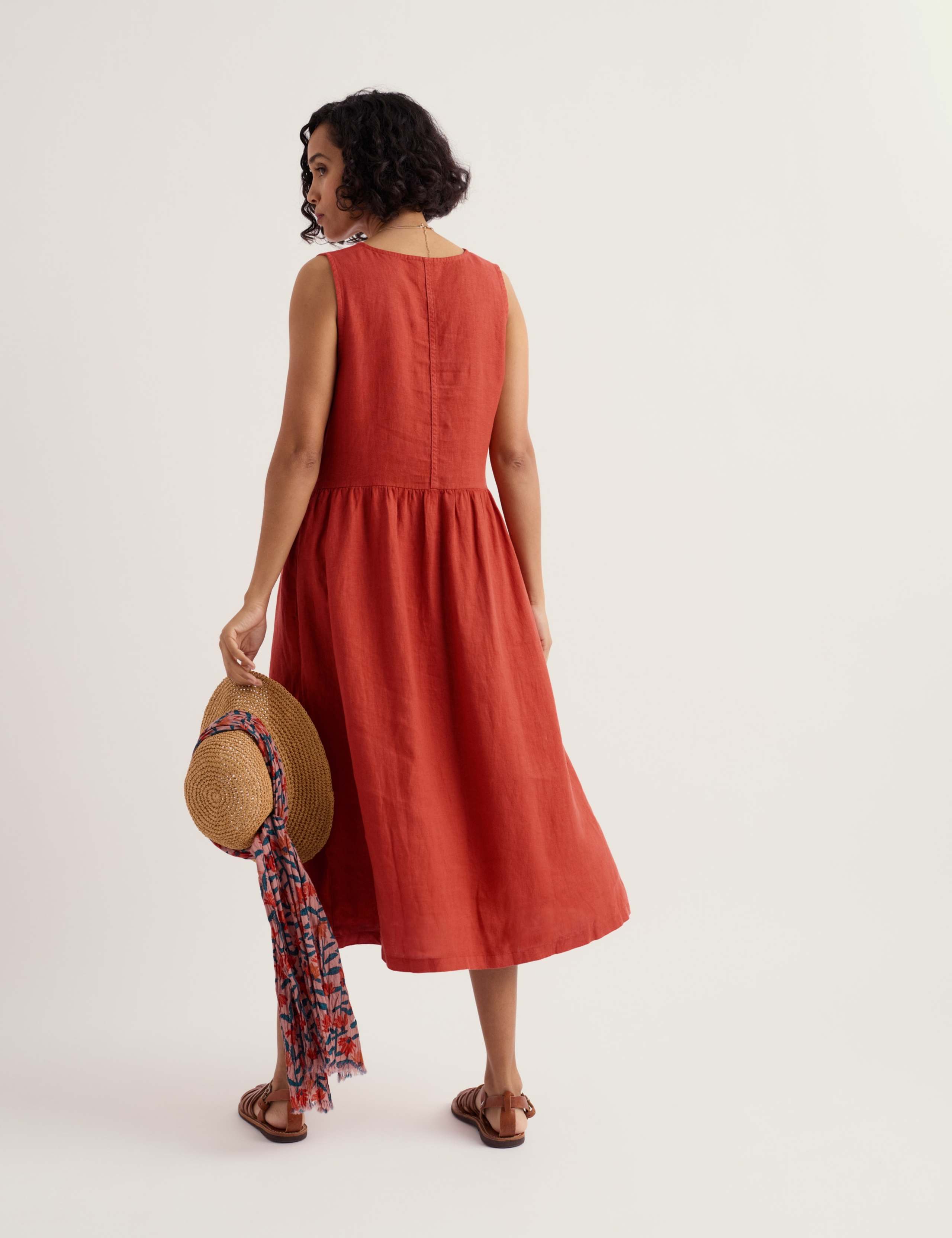 Pure Linen V-Neck Midi Waisted Dress 3 of 5