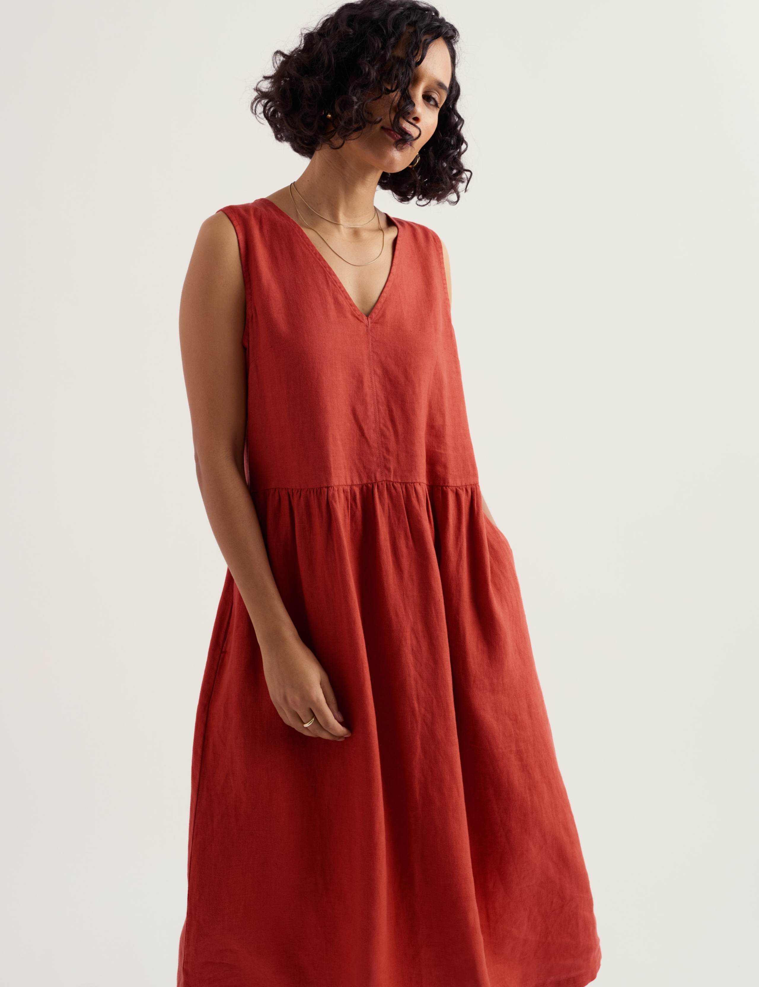 Pure Linen V-Neck Midi Waisted Dress 4 of 5