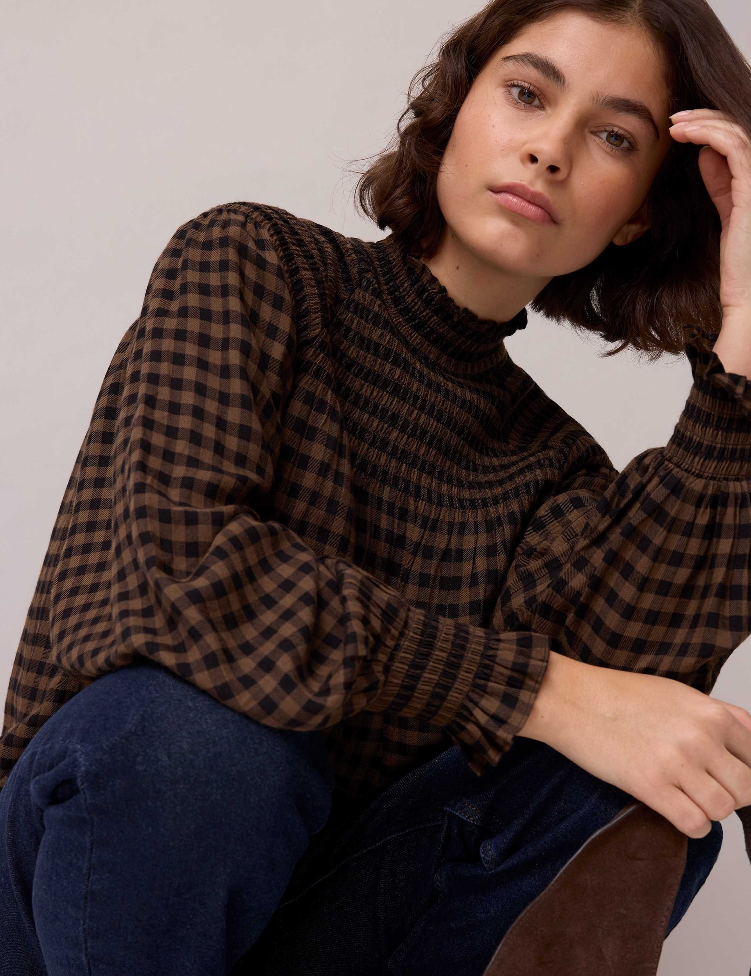 Gingham Shirred High Neck Blouse 3 of 6