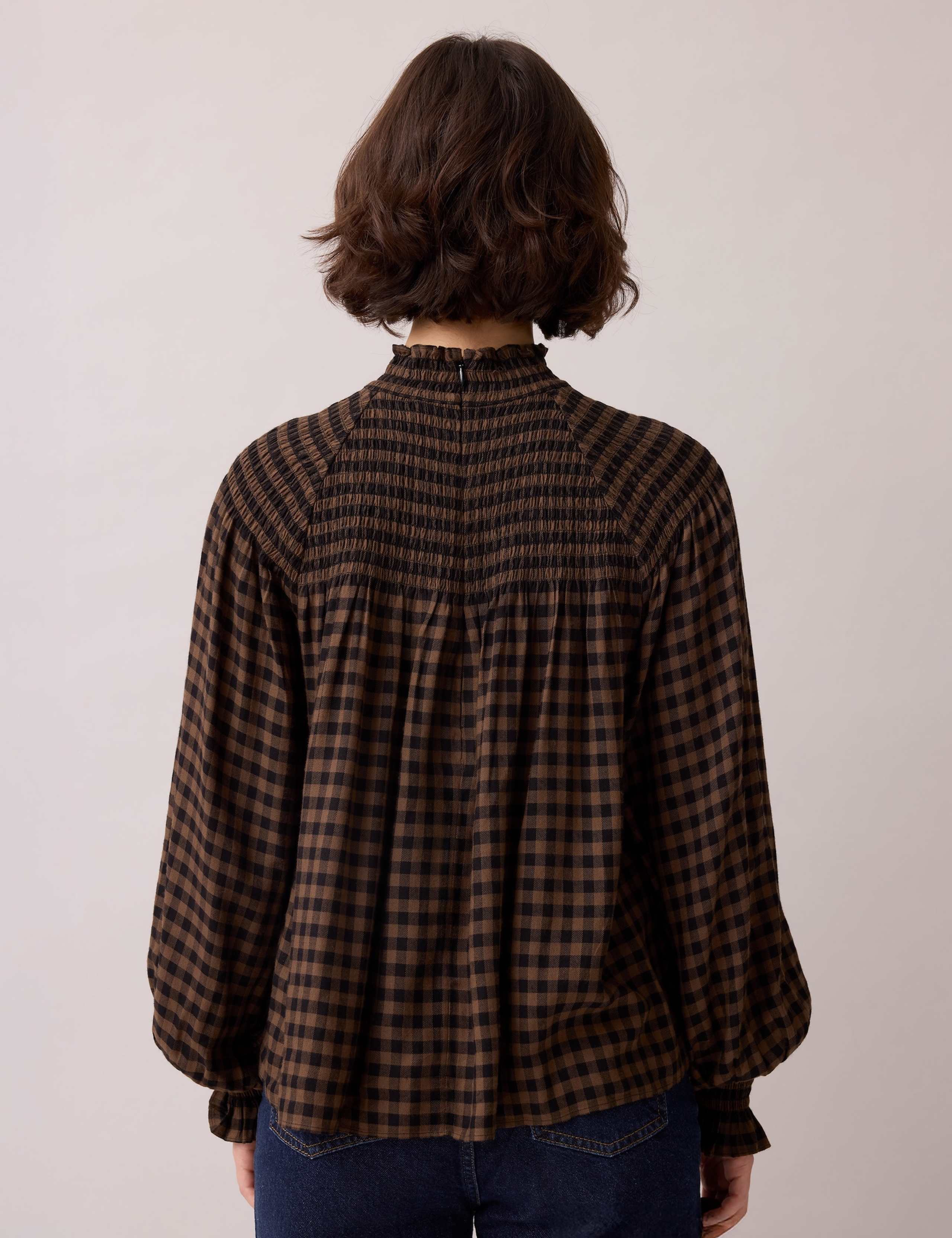 Gingham Shirred High Neck Blouse 4 of 6