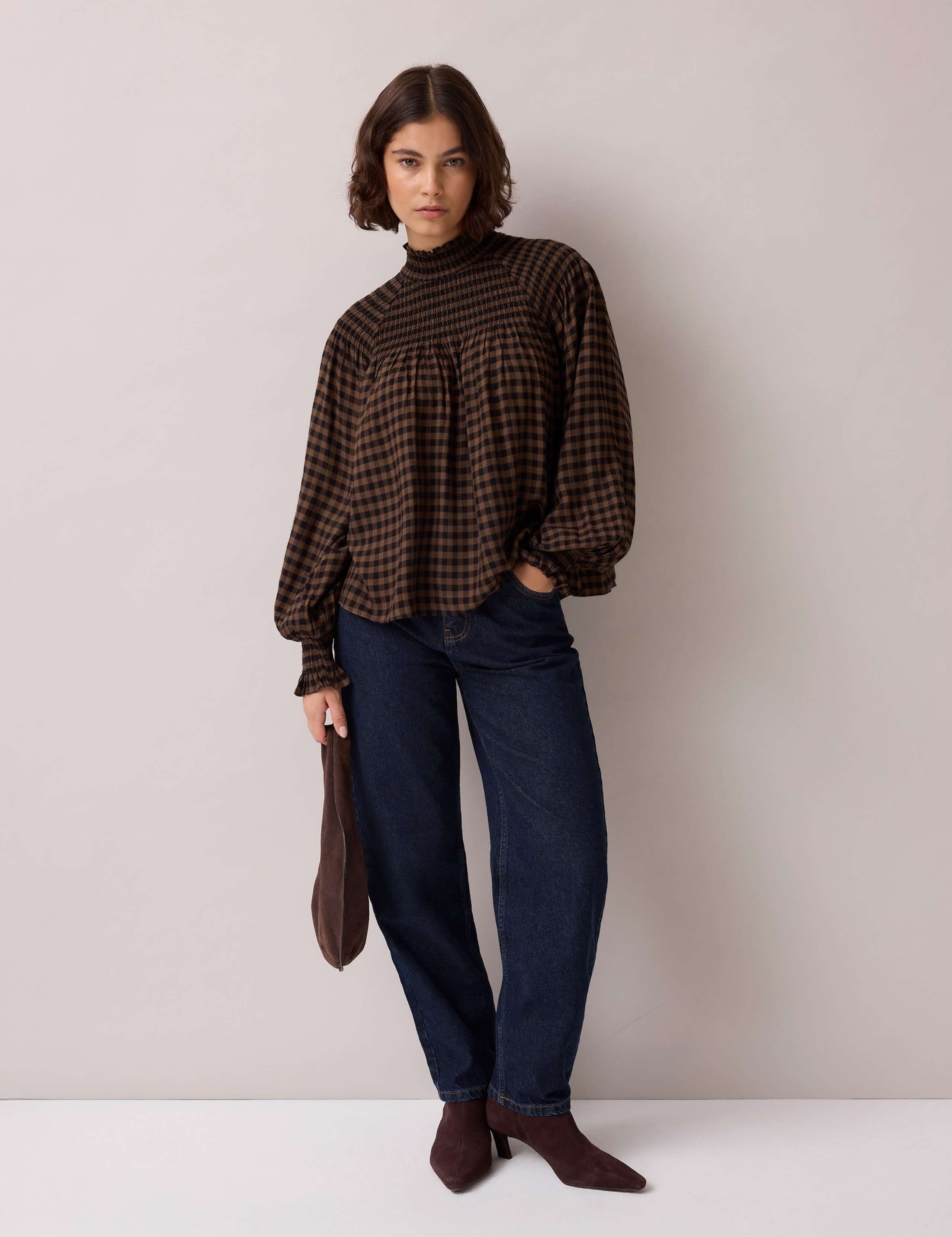 Gingham Shirred High Neck Blouse 6 of 6