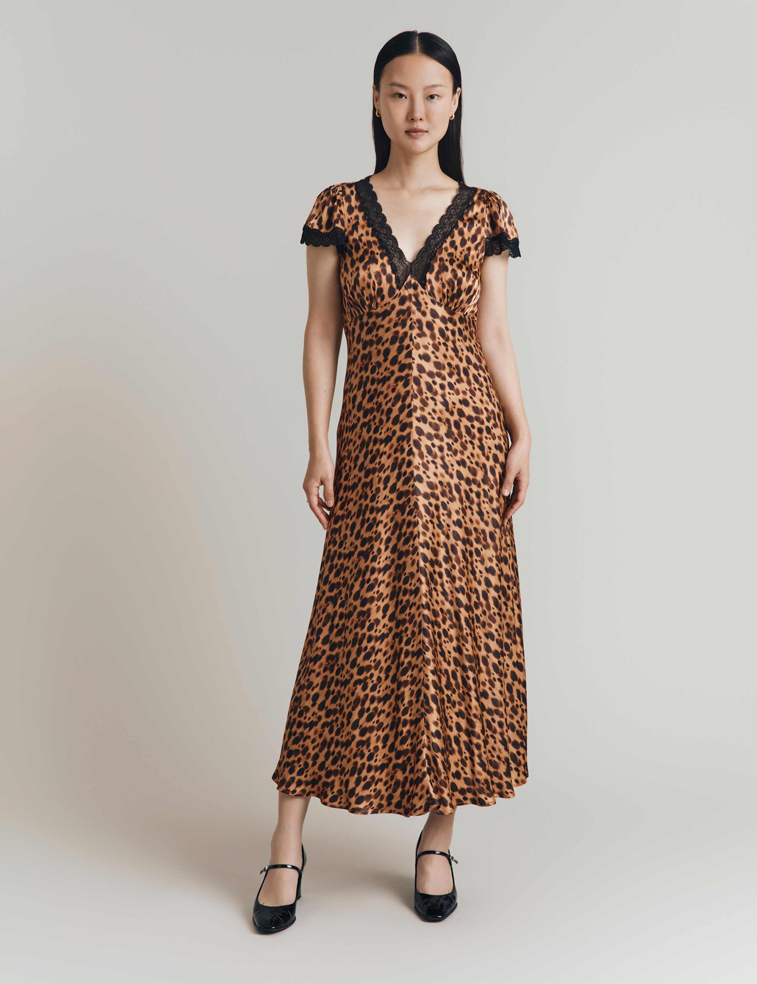 Satin Animal Print V-Neck Midi Skater Dress 3 of 4