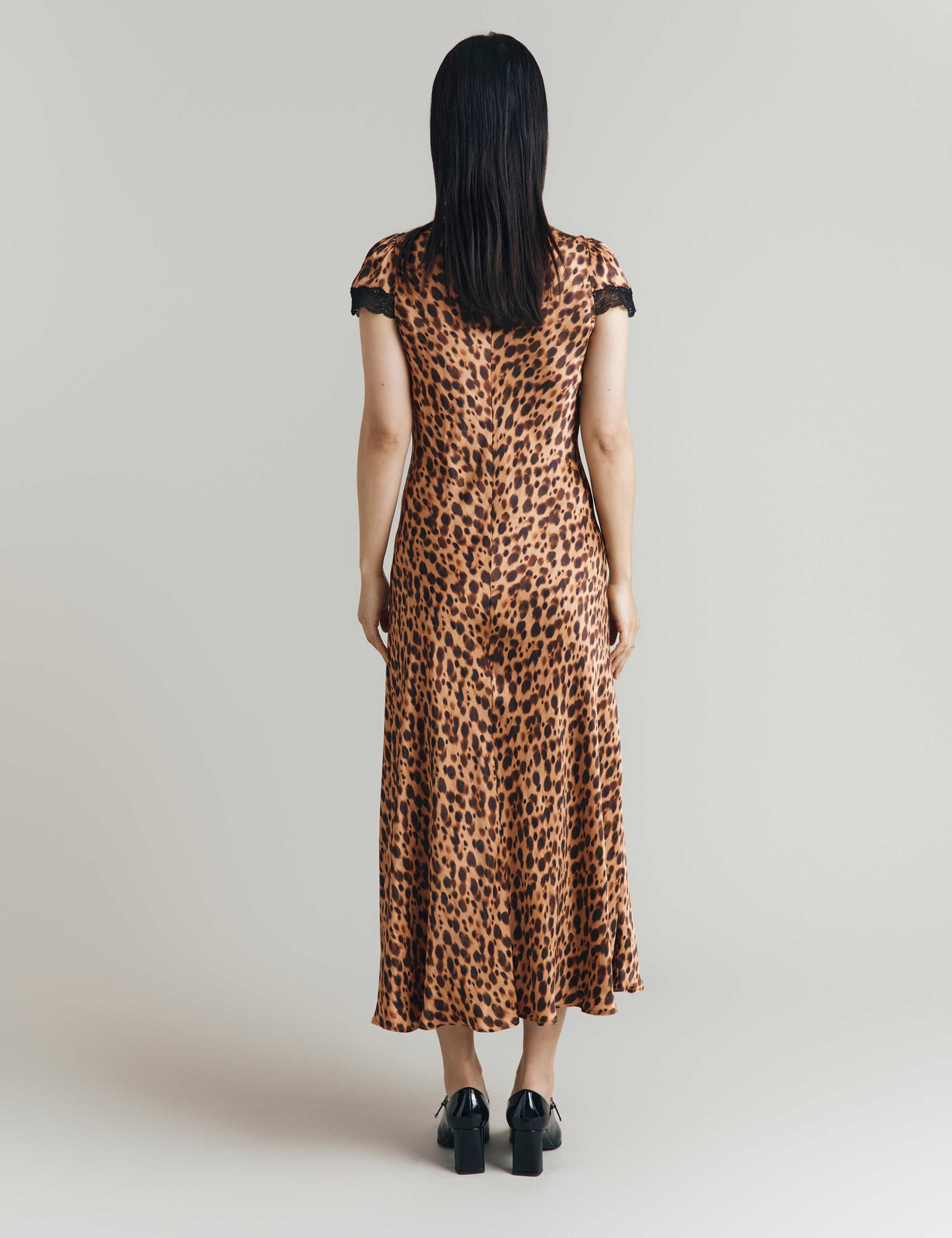 Satin Animal Print V-Neck Midi Skater Dress 4 of 4