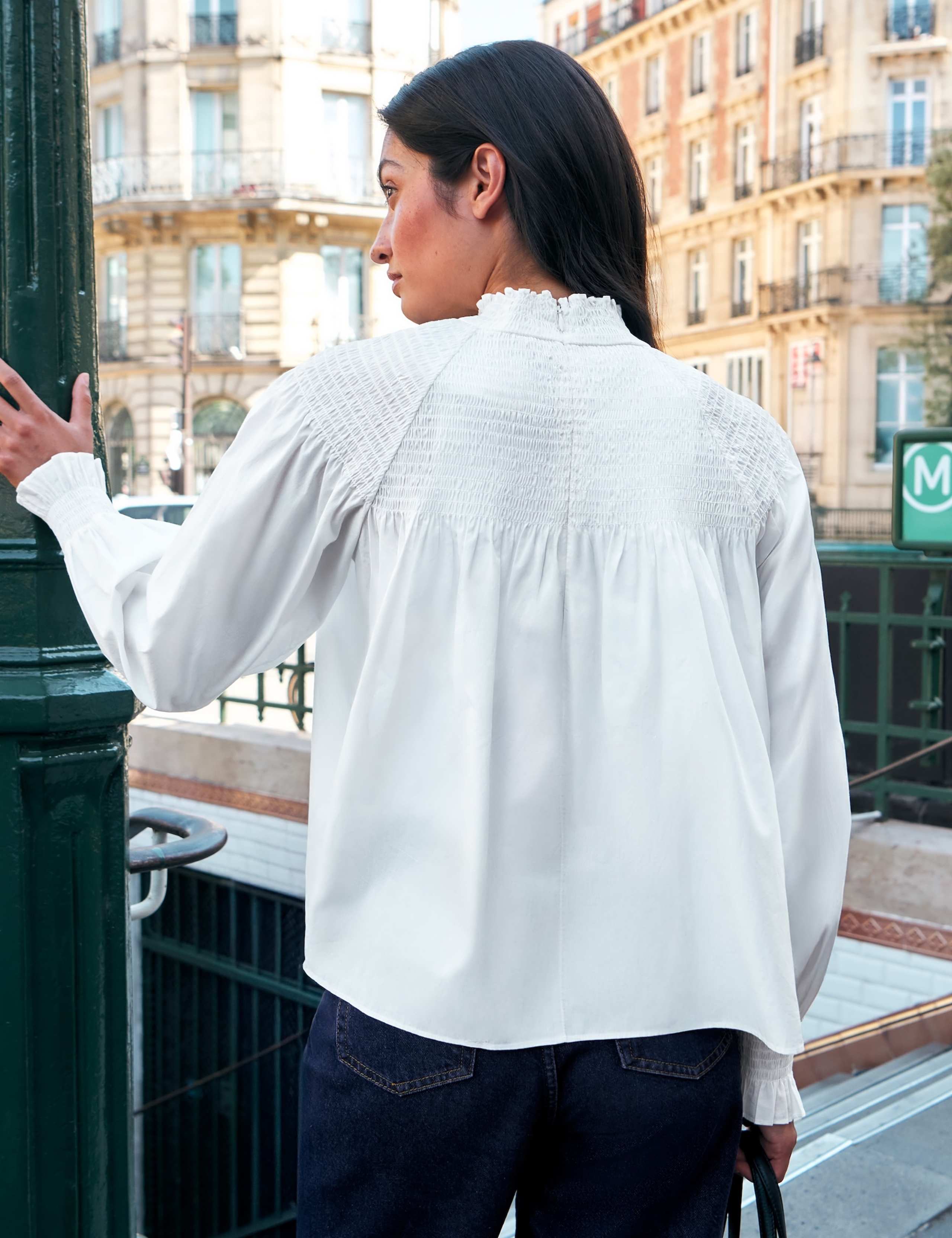 Pure Cotton Shirred High Neck Blouse 2 of 6