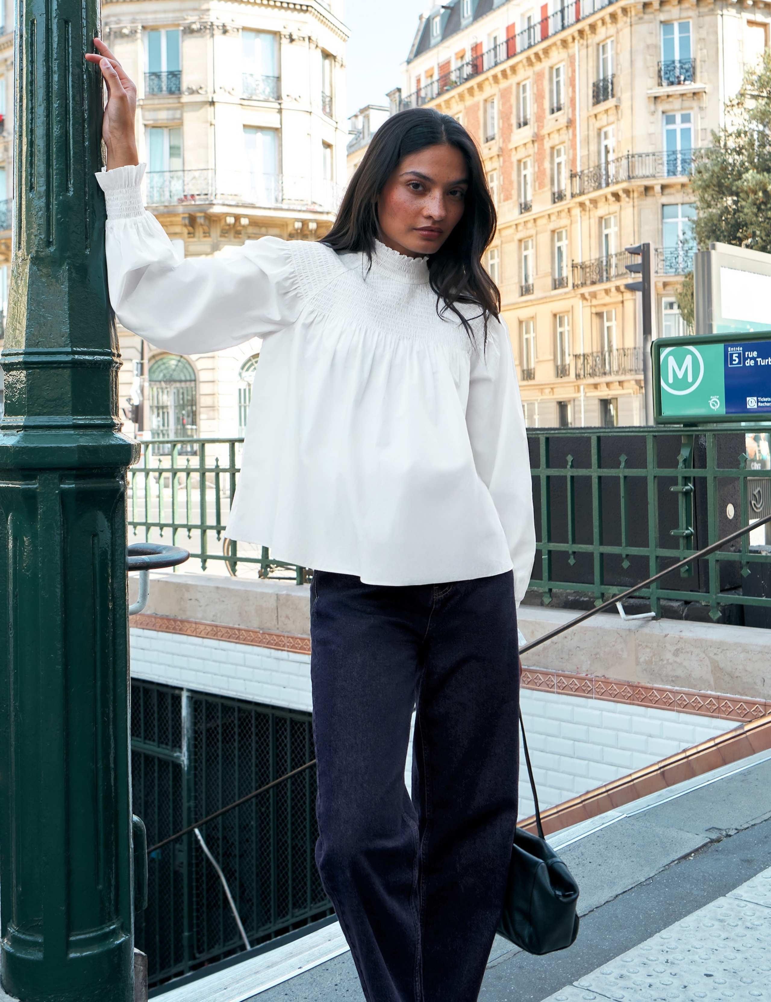 Pure Cotton Shirred High Neck Blouse 3 of 6