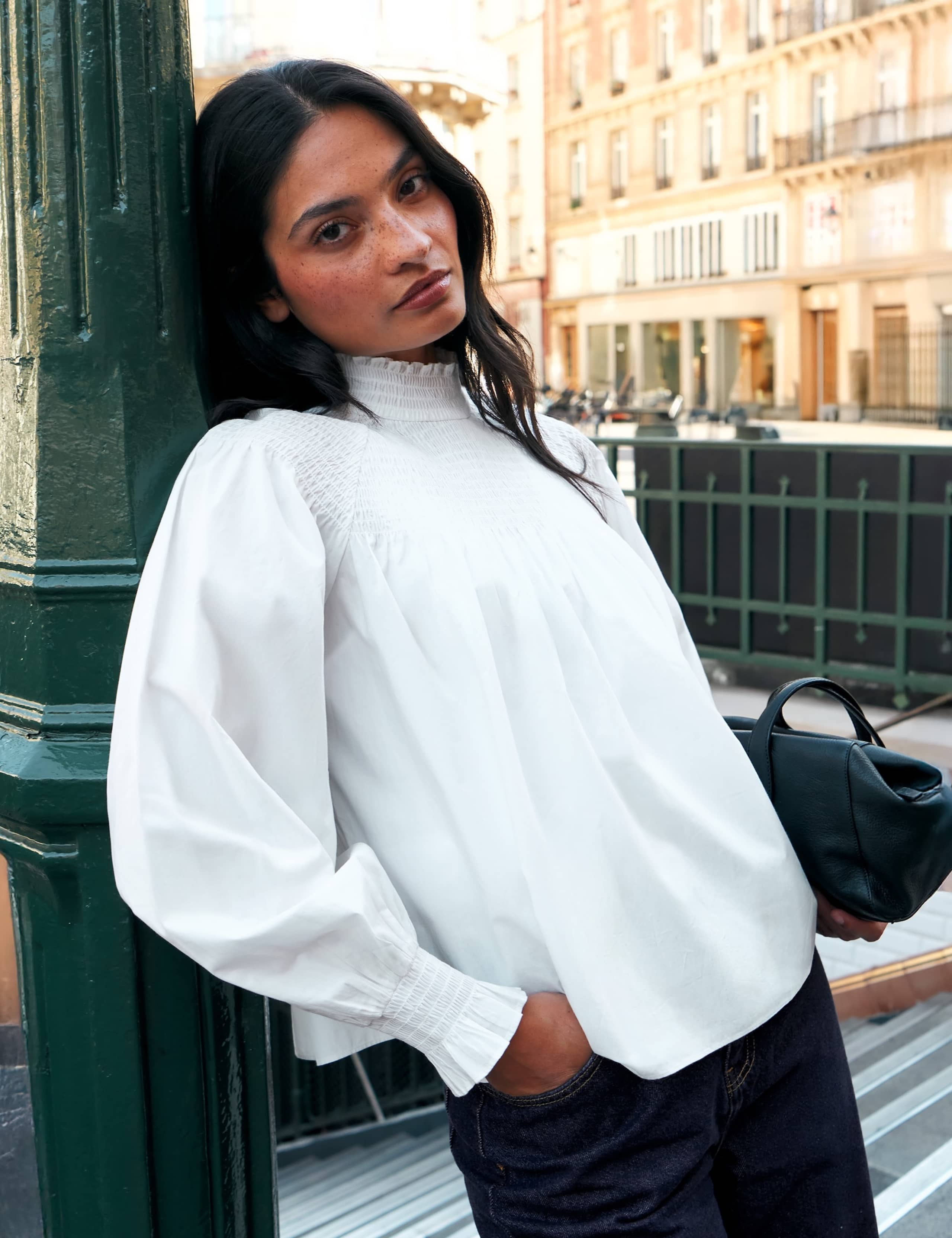 Pure Cotton Shirred High Neck Blouse 4 of 6
