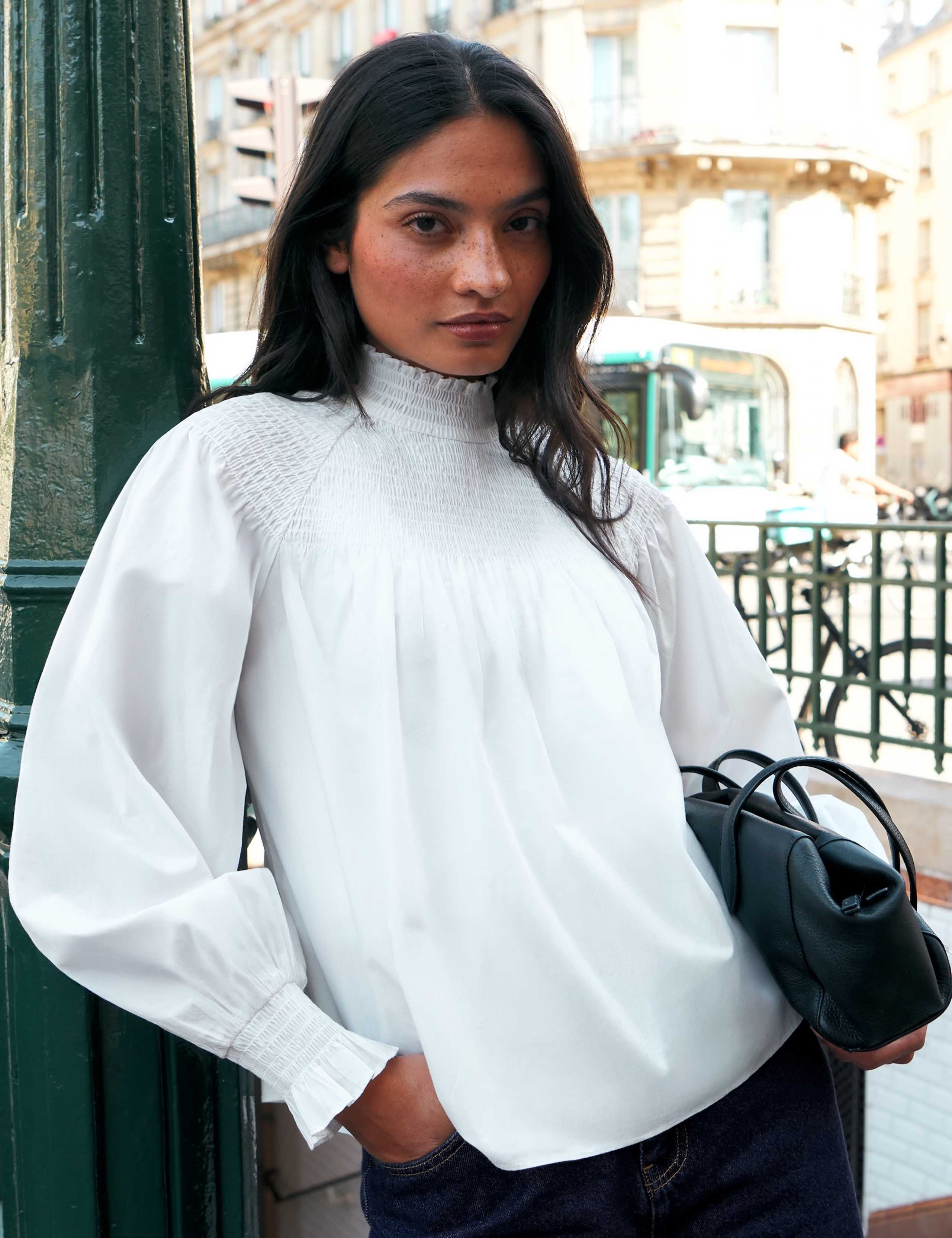 Pure Cotton Shirred High Neck Blouse 6 of 6