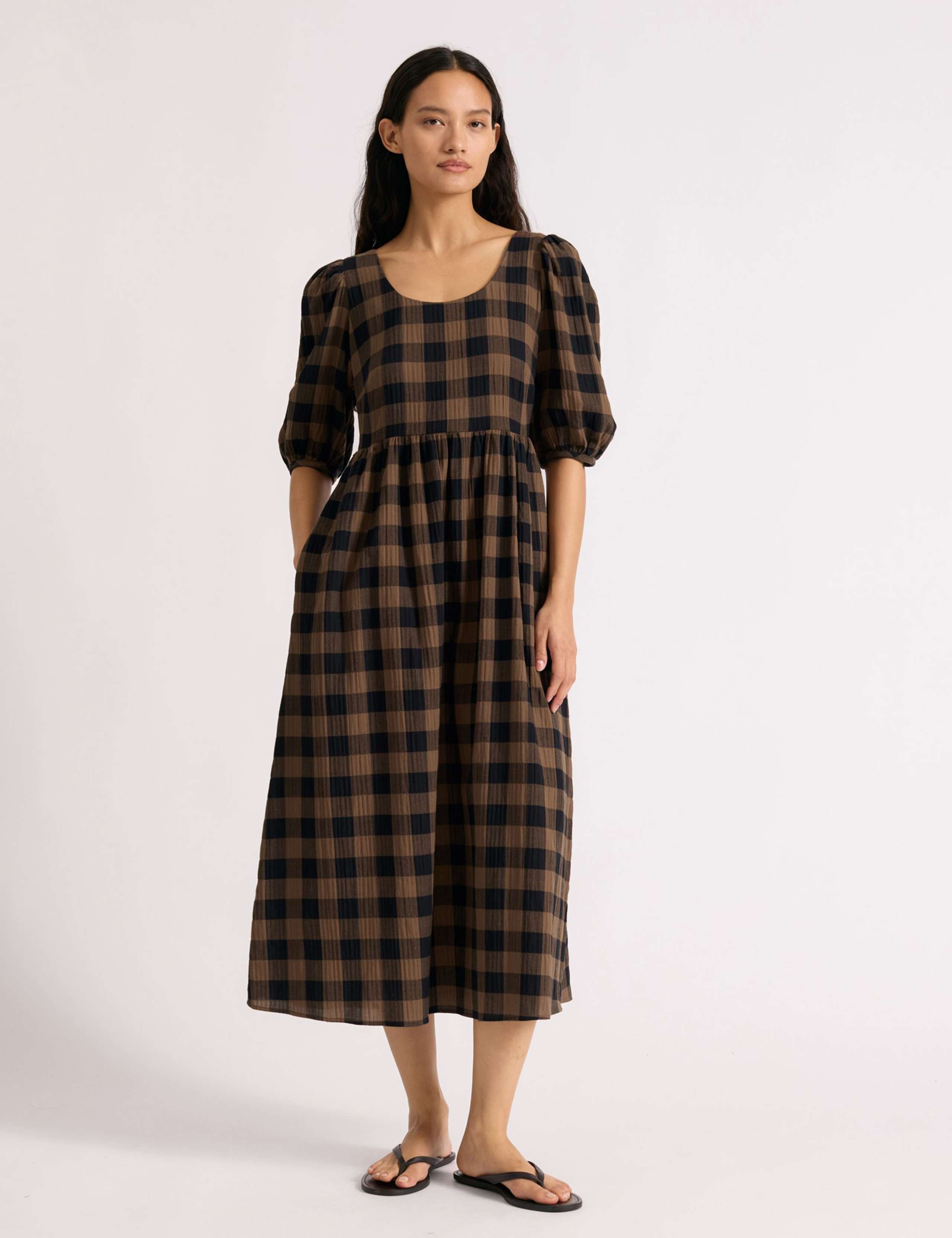 Cotton Rich Checked Midi Waisted Dress 3 of 6