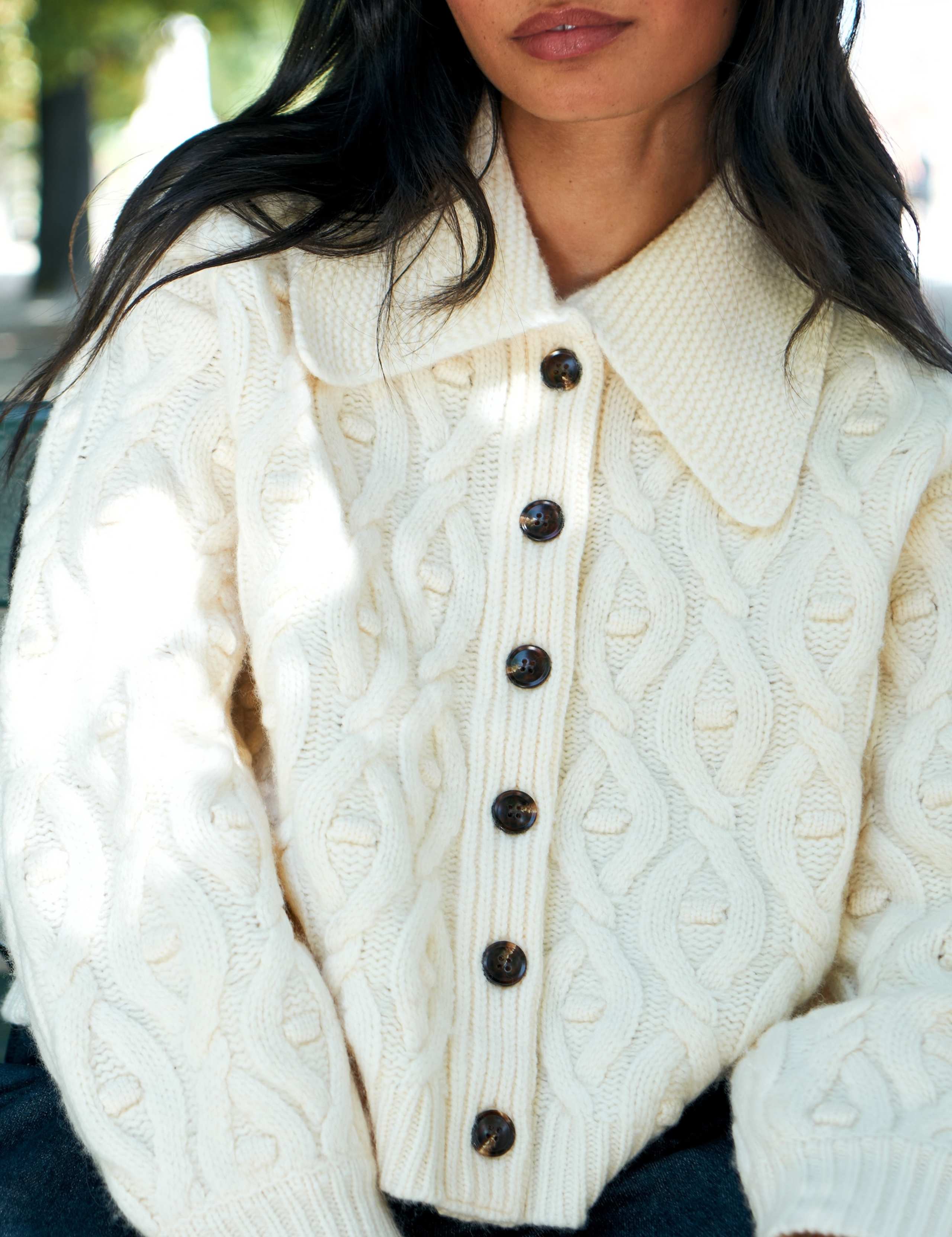 Pure Wool Cable Knit Collared Cropped Cardigan 2 of 4