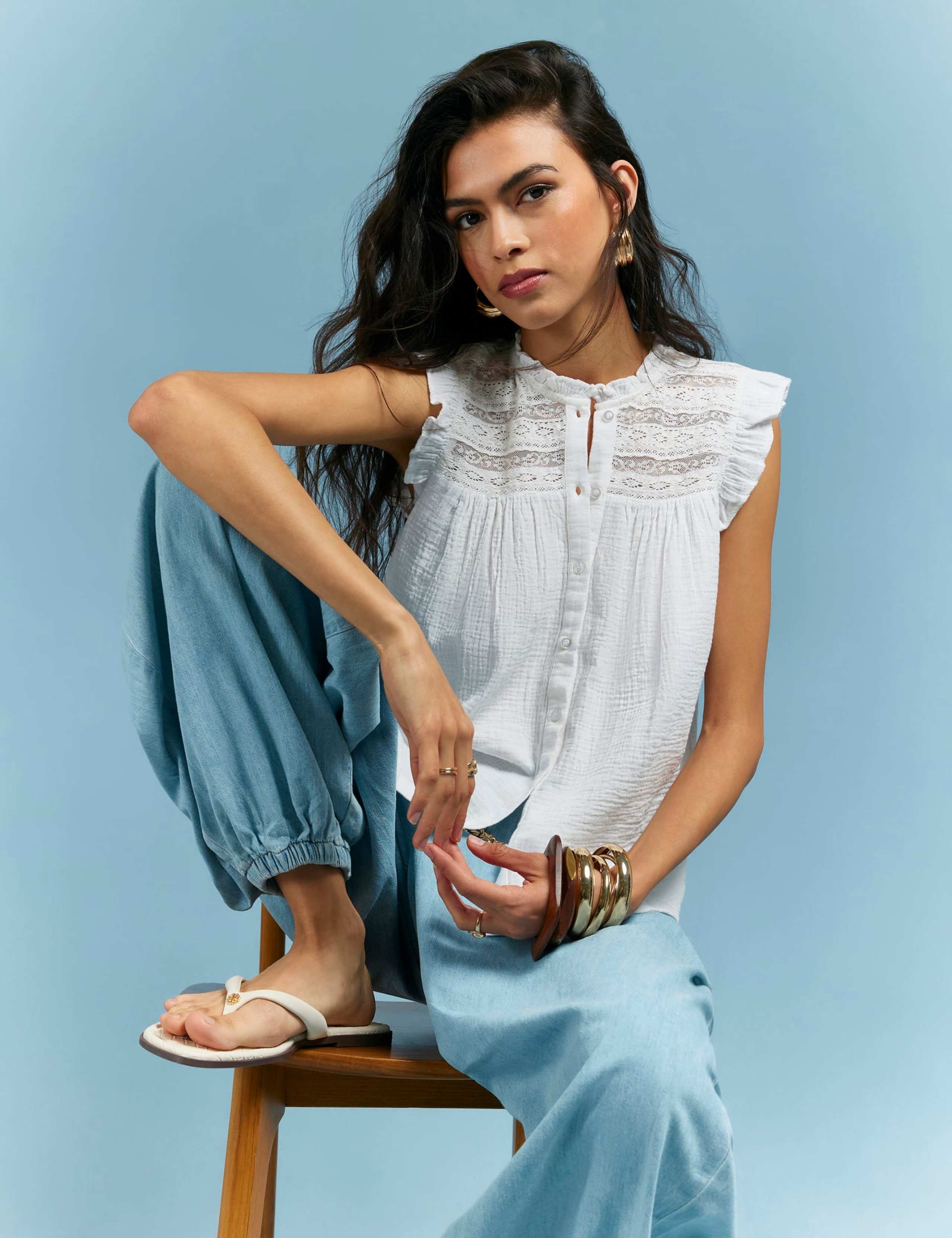 Pure Cotton Lace Yoke Frill Detail Blouse 3 of 4