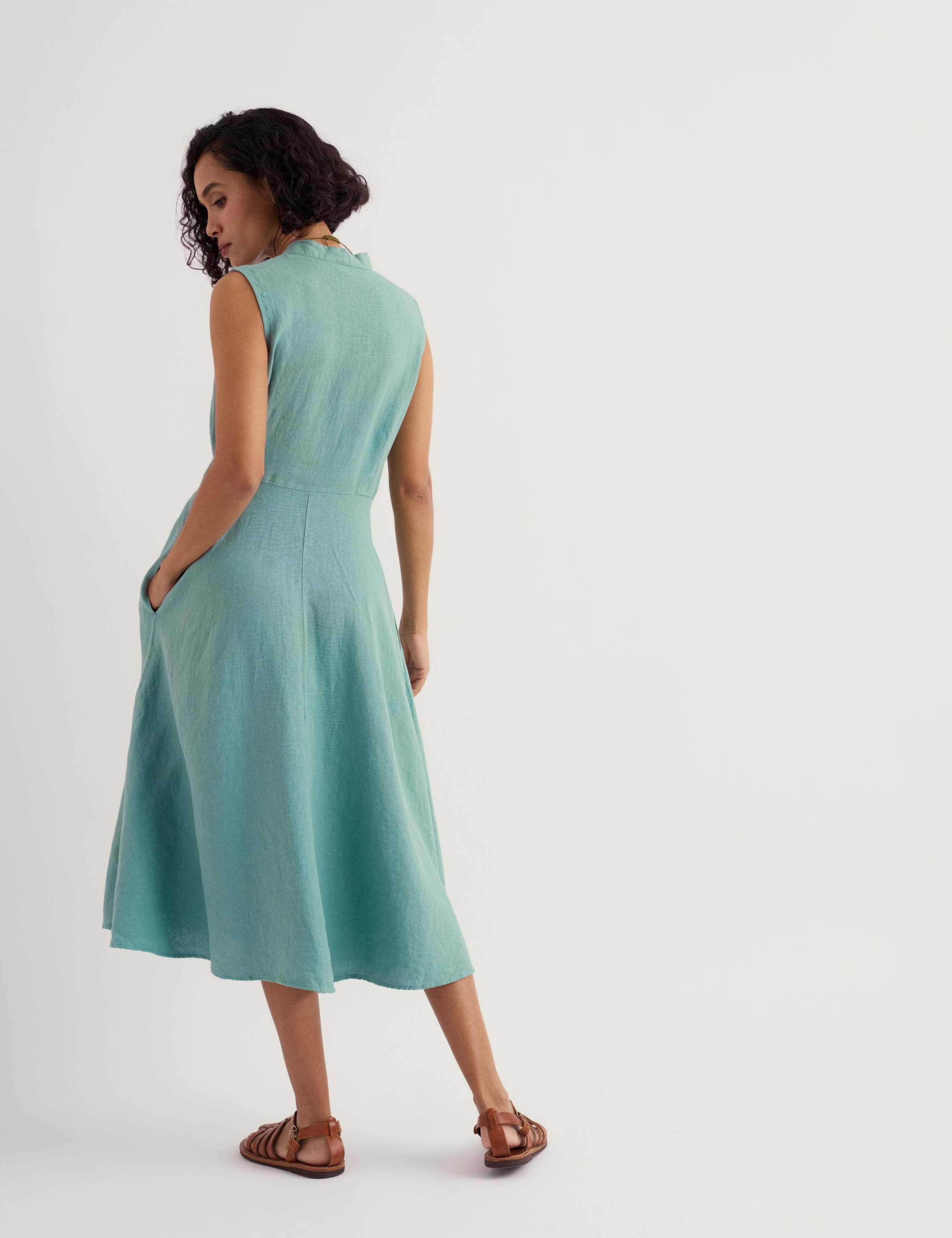 Pure Linen V-Neck Midi Waisted Dress 3 of 5