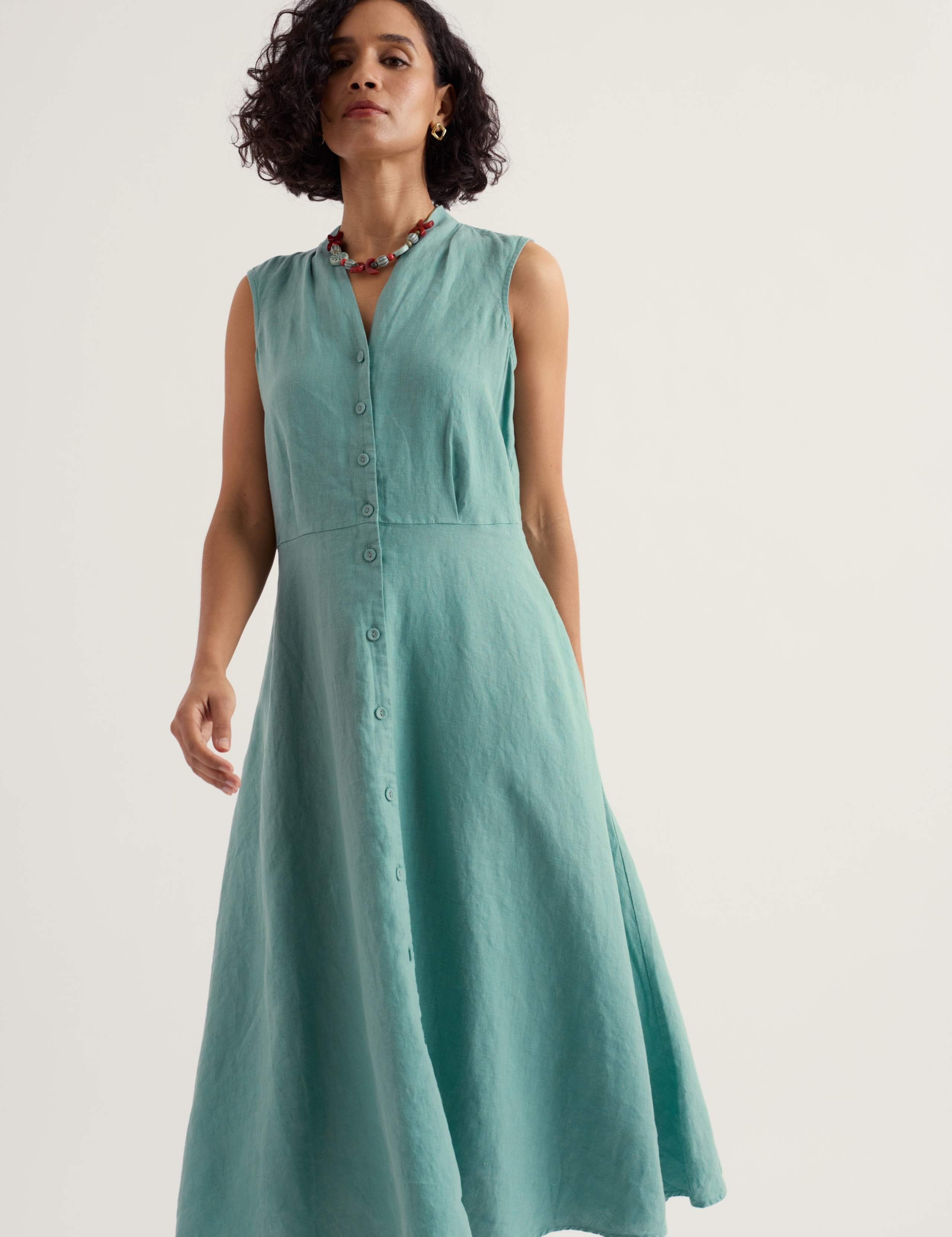 Pure Linen V-Neck Midi Waisted Dress 4 of 5