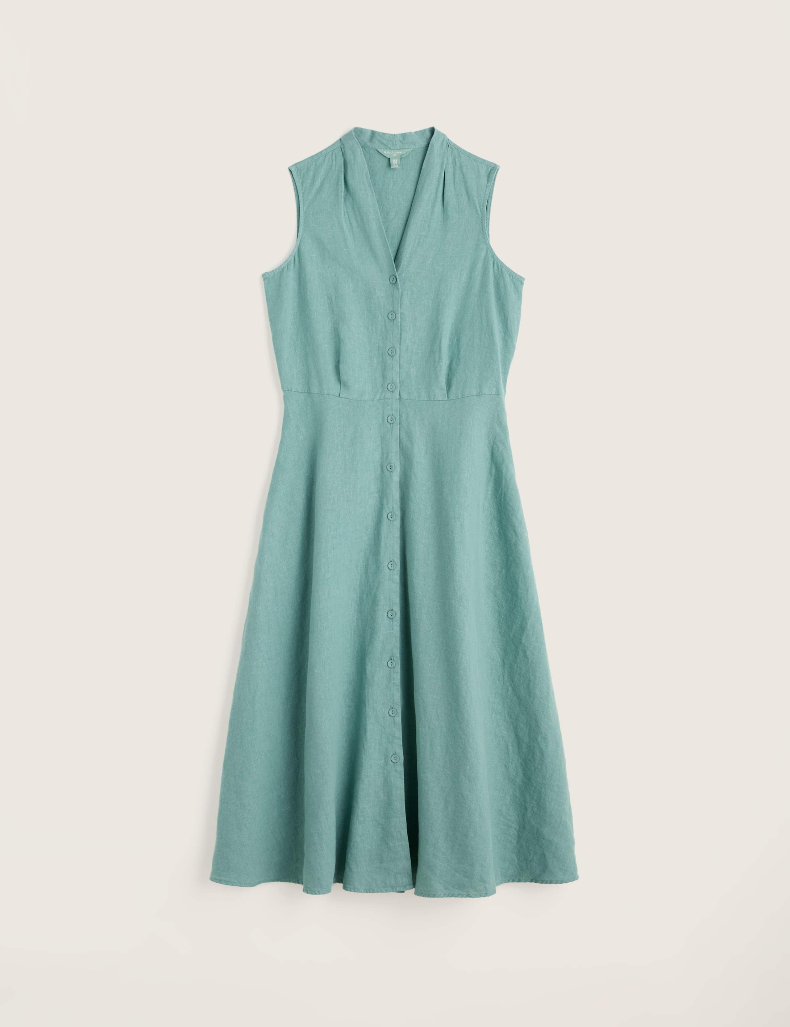 Pure Linen V-Neck Midi Waisted Dress 2 of 5