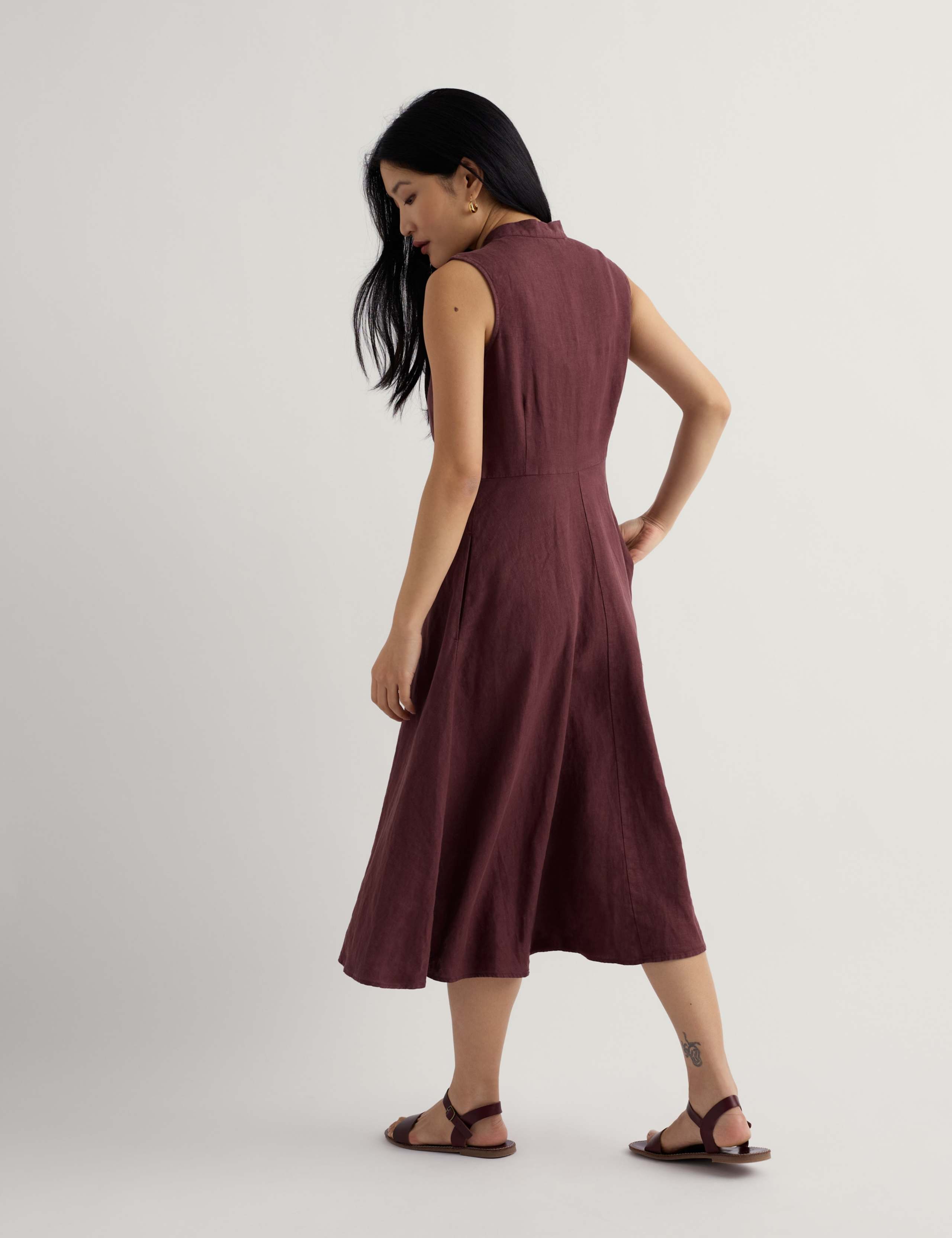 Pure Linen V-Neck Midi Waisted Dress 3 of 5