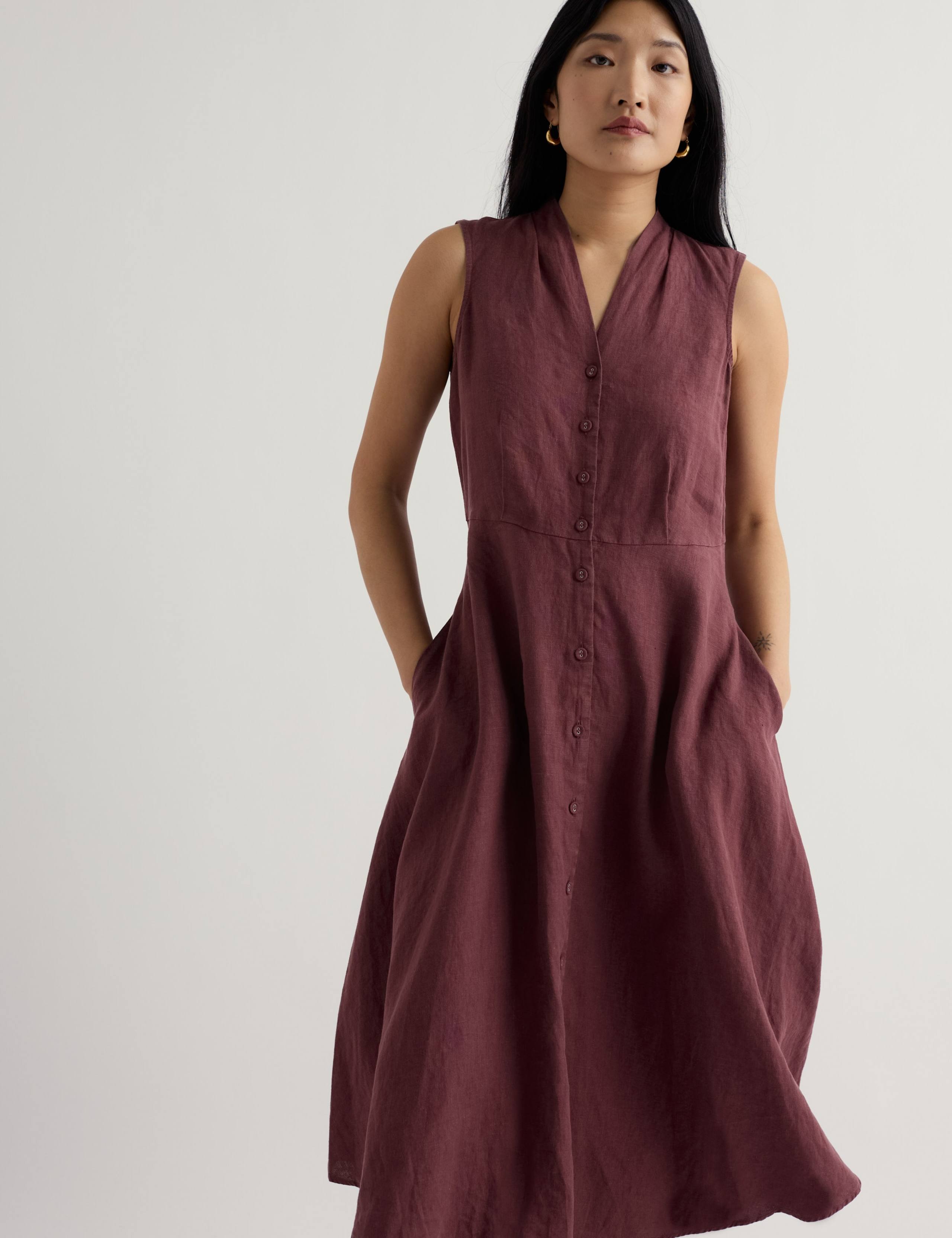 Pure Linen V-Neck Midi Waisted Dress 4 of 5