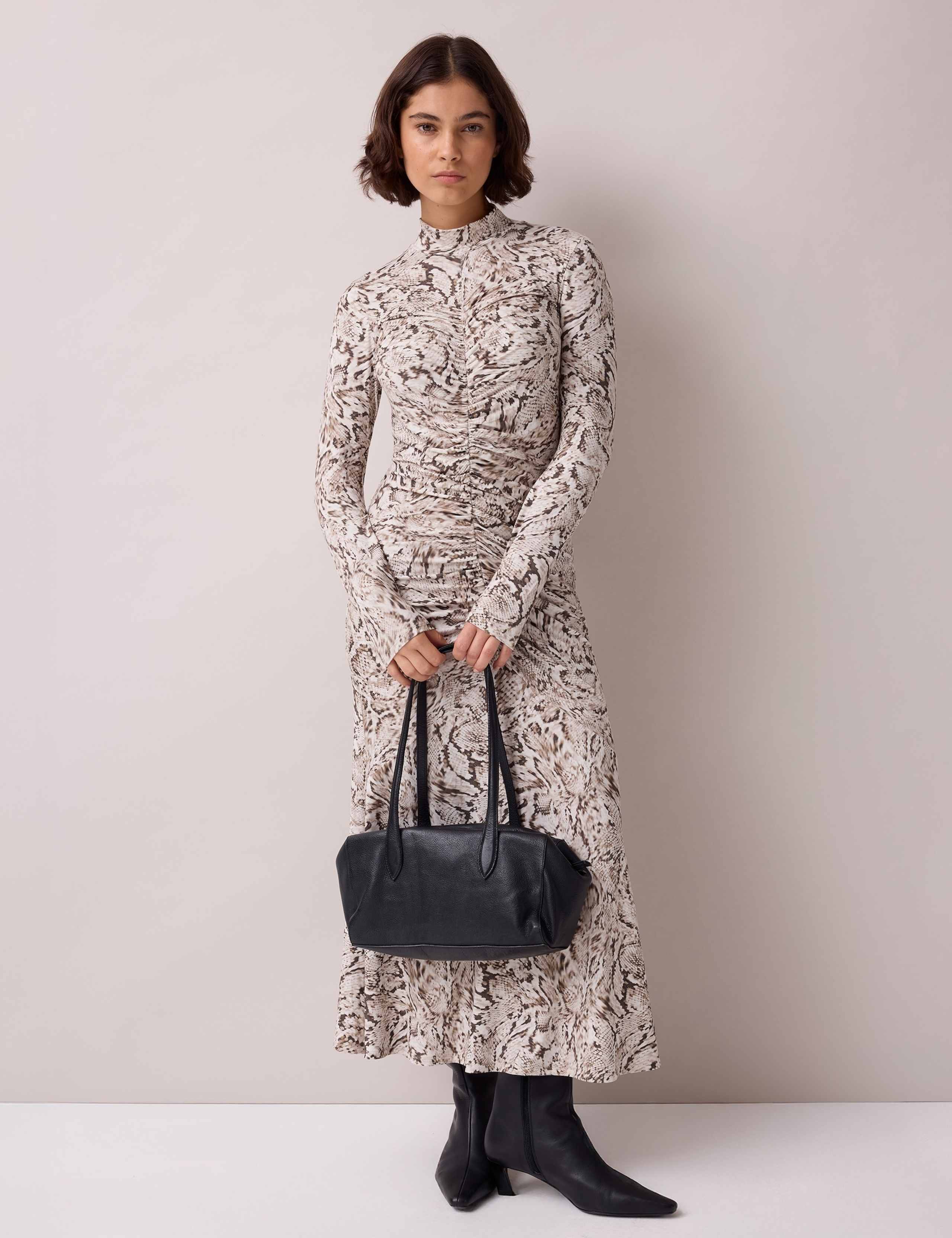Animal Print Roll Neck Ruched Midi Column Dress 2 of 6